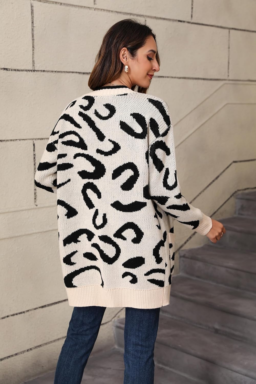 Women's Long Sleeve Animal Pront Cardigan Leopard Knit Sweater Open Front with Pockets Coat S-XL - Image 5