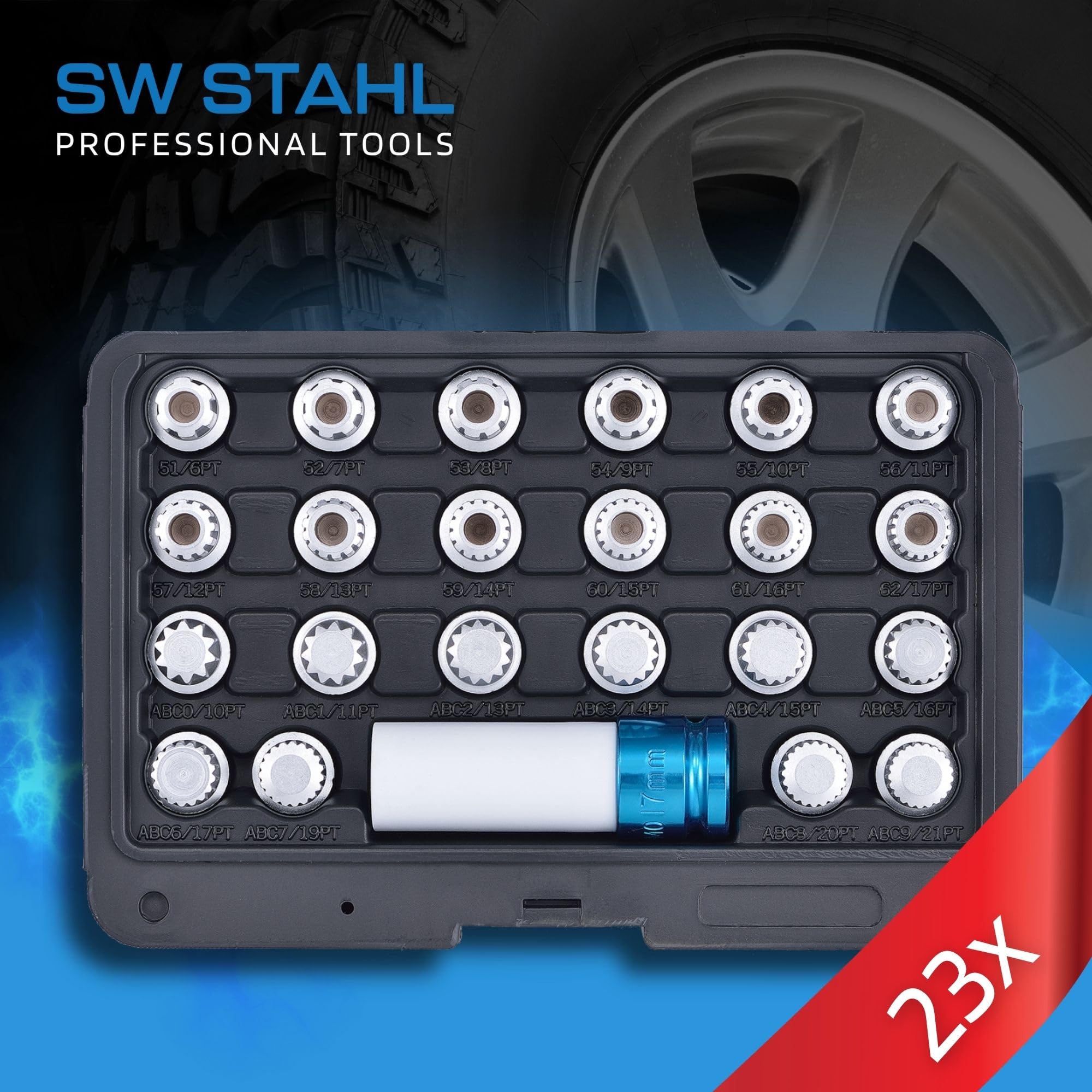SW Stahl Kit Rimozione Bulloni Antifurto, Set Chiavi per VW, 23 Pezzi | Chiave sostitutiva per bloccaggi cerchi originali fino al 2012, attacco 1/2 pollice, include valigetta premium
