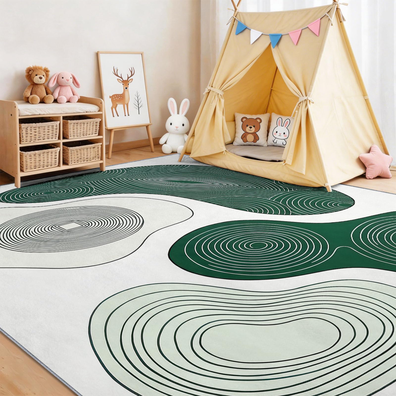 Konzentrische Ringtextur Kinderzimmer Teppich, Modern Abstrakt Stil, Deko-Teppiche für Wohnzimmer Esszimmer Schlafzimmer Küche, 80 x 150 cm Weiß Grün