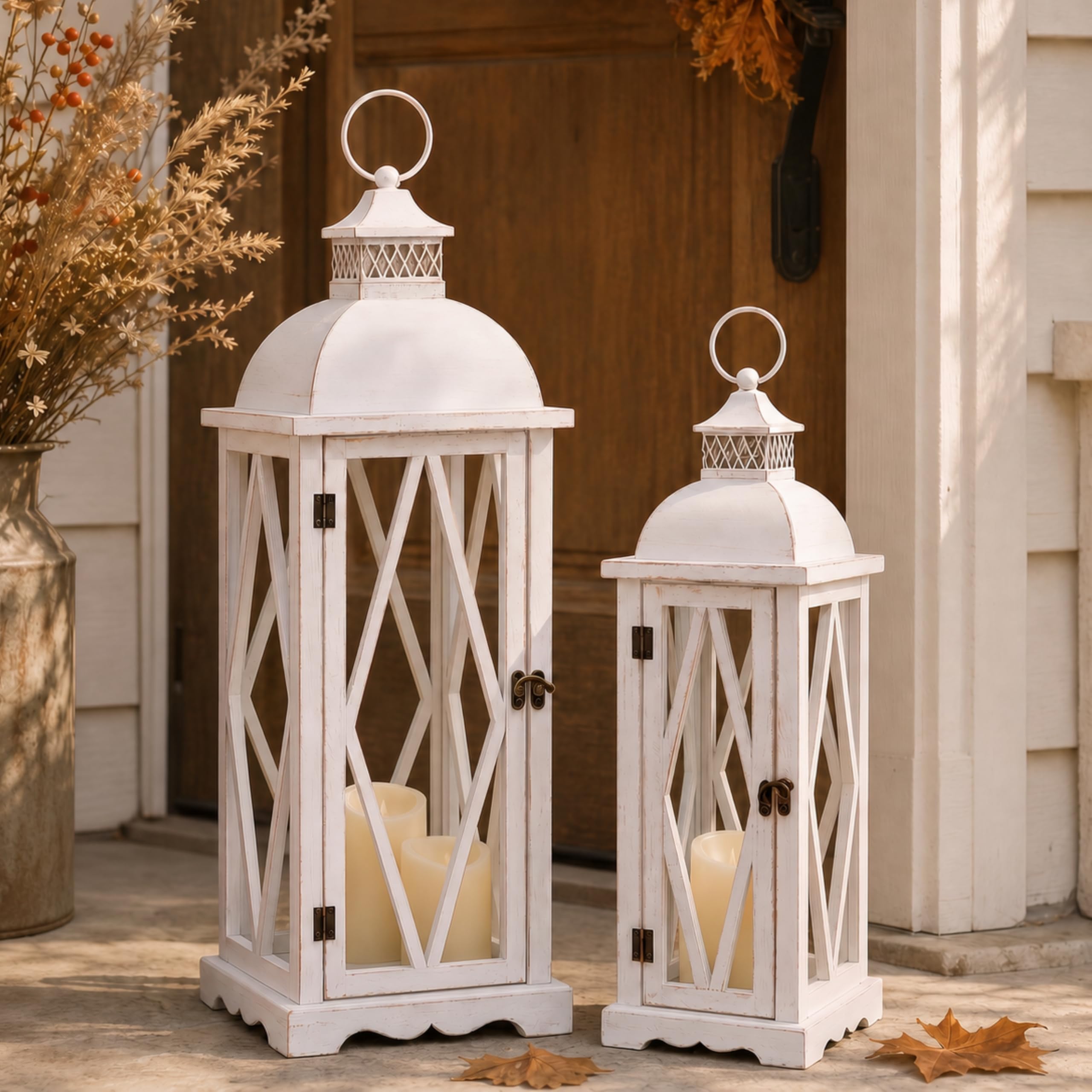 Perfnique Farmhouse Outdoor Lanterns for Patio, Set of 2 White Rustic Lanterns Decor, Vintage Hanging Candle Holder Decorative for Porch, Garden, Yard, Indoor (No Glass)