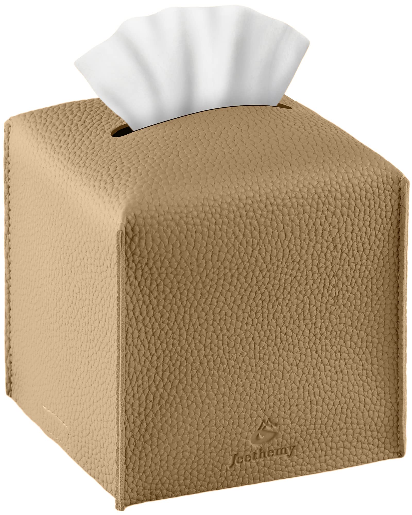 Tissue Box Cover, Jeethemy Square PU Leather Tissue Box Holder, Modern Tissue Case Facial Paper Organizer Dispenser，5X5X5'',Single Yellow Beige