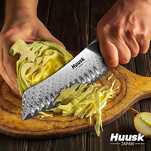 Vista 5 de Huusk Cuchillo japonés Santoku de 7 pulgadas, cuchillo de chef profesional para cocina con mango de resina, acero inoxidable de alto carbono