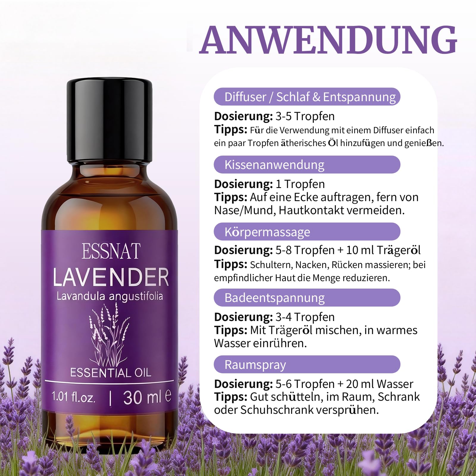 Olio Essenziale Lavanda 30 ml – olio essenziale di lavanda 100% naturale, da Lavandula angustifolia, ideale per aromaterapia, diffusore di oli essenziali, massaggi e progetti fai da te