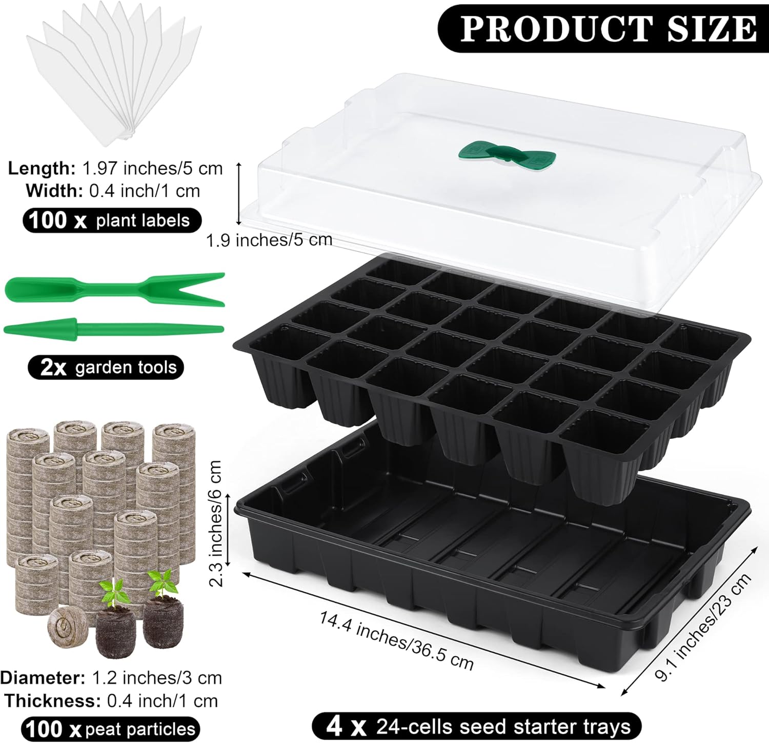 Hahood 4 Pack 24-Cells Seed Starter Tray Kit Germination Tray with Humidity Dome and Base, Plant Growing Kit Germination Starter Including Peat Pellets, Plant Labels, Tool for Indoor Outdoor, Black