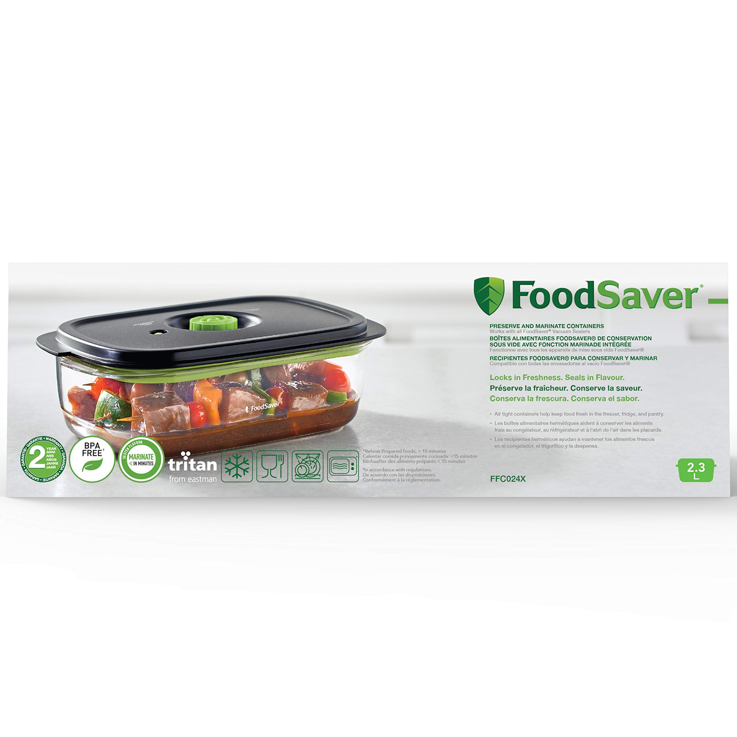 FoodSaver Contenitore Salva Freschezza per Sottovuoto da 2.3 Litri, con Funzione Marinatura, BPA Free, Indicatore del Vuoto, Trasparente, 2.3 L