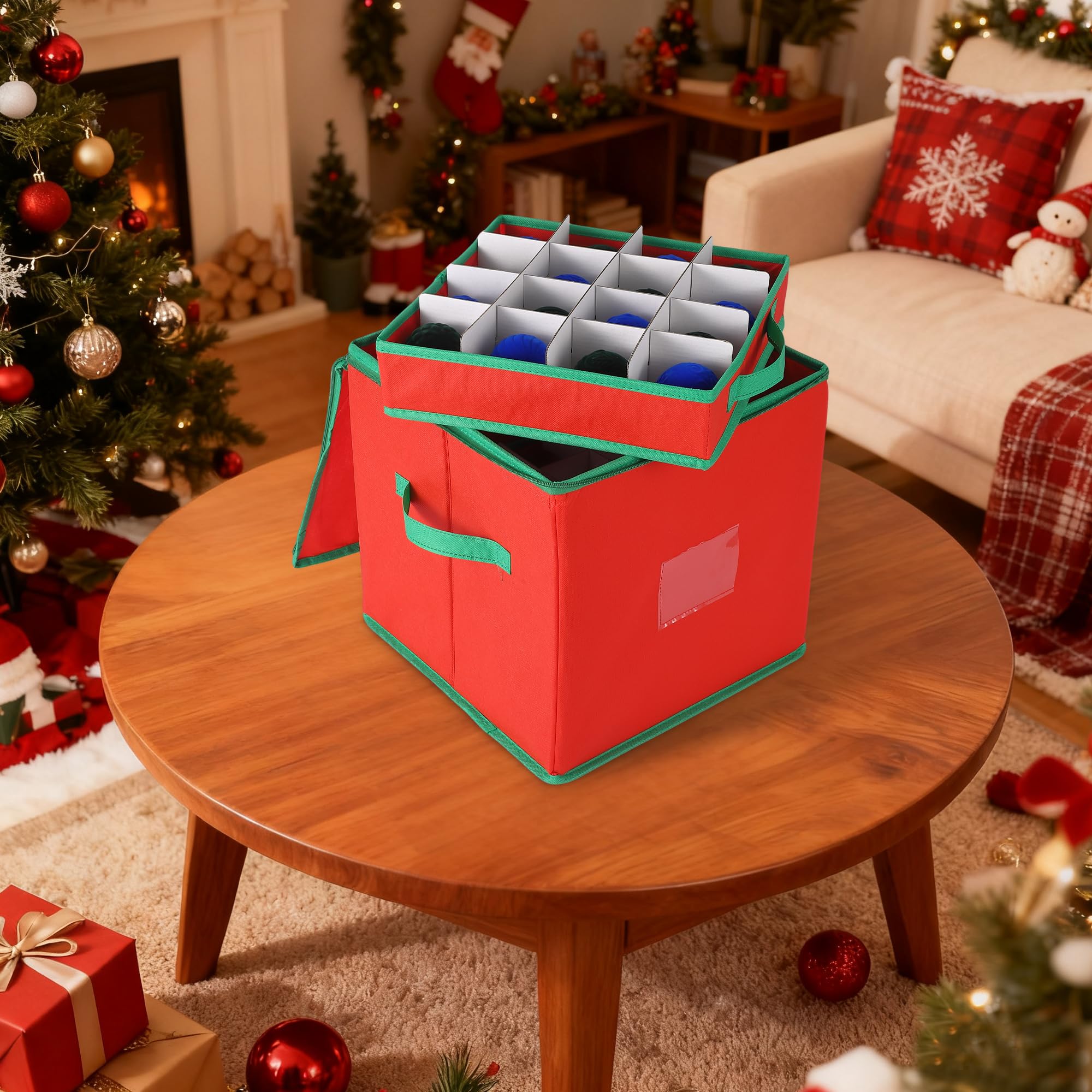 2er Set Weihnachtsdeko Aufbewahrung, Weihnachtskugel Box Mit Herausnehmbaren Tabletts, Doppel-Reißverschluss, Reißfestem Vliesstoff – Lagert Bis Zu 128 Christbaumkugeln, Rot