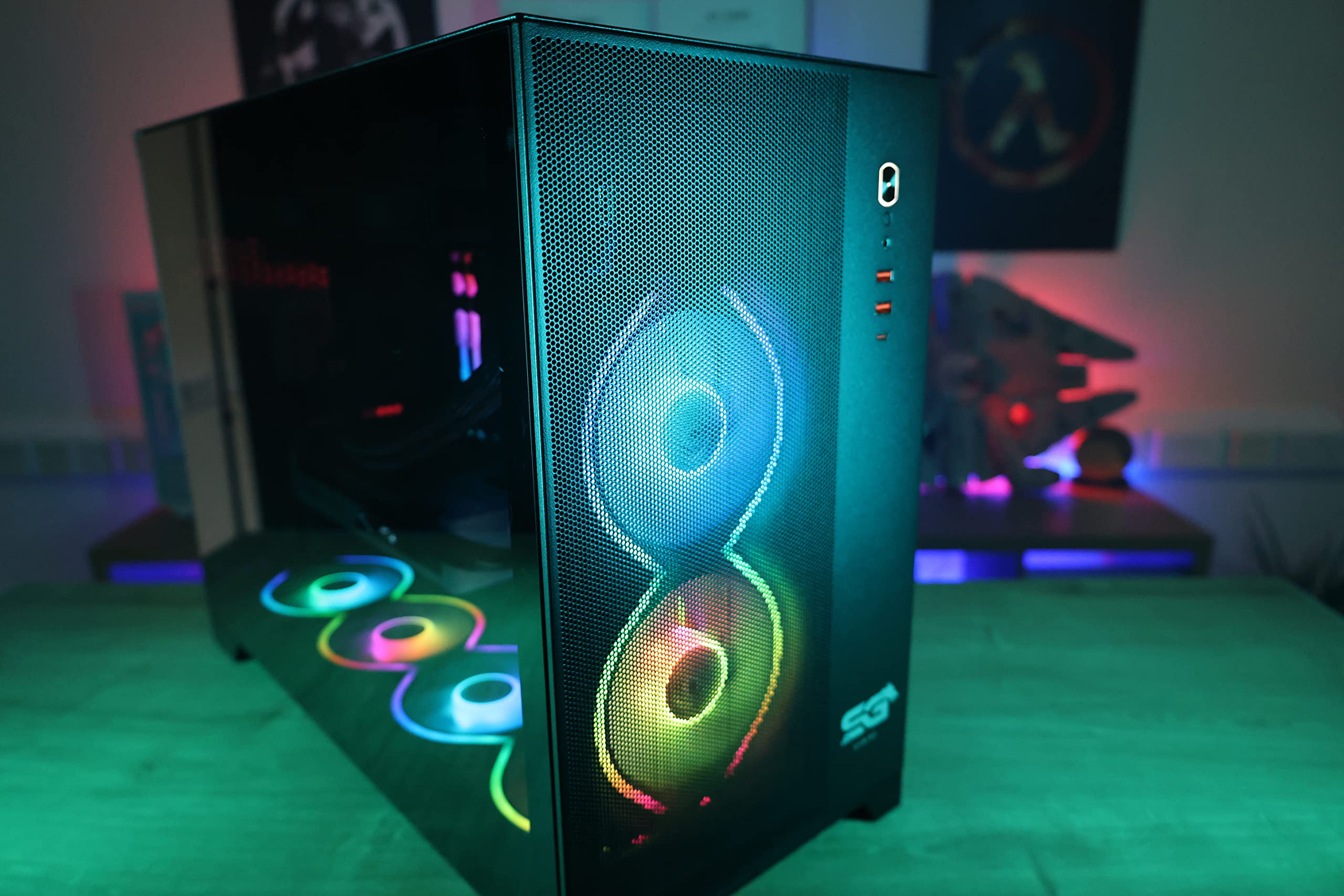 P480MB-E RGB ATX PC obudowa (4 x 12 cm modułowy wentylator ARGB Pirate Oko, zarządzanie kablami, 10-portowy koncentrator wentylatora, PWM, SYNC) czarna