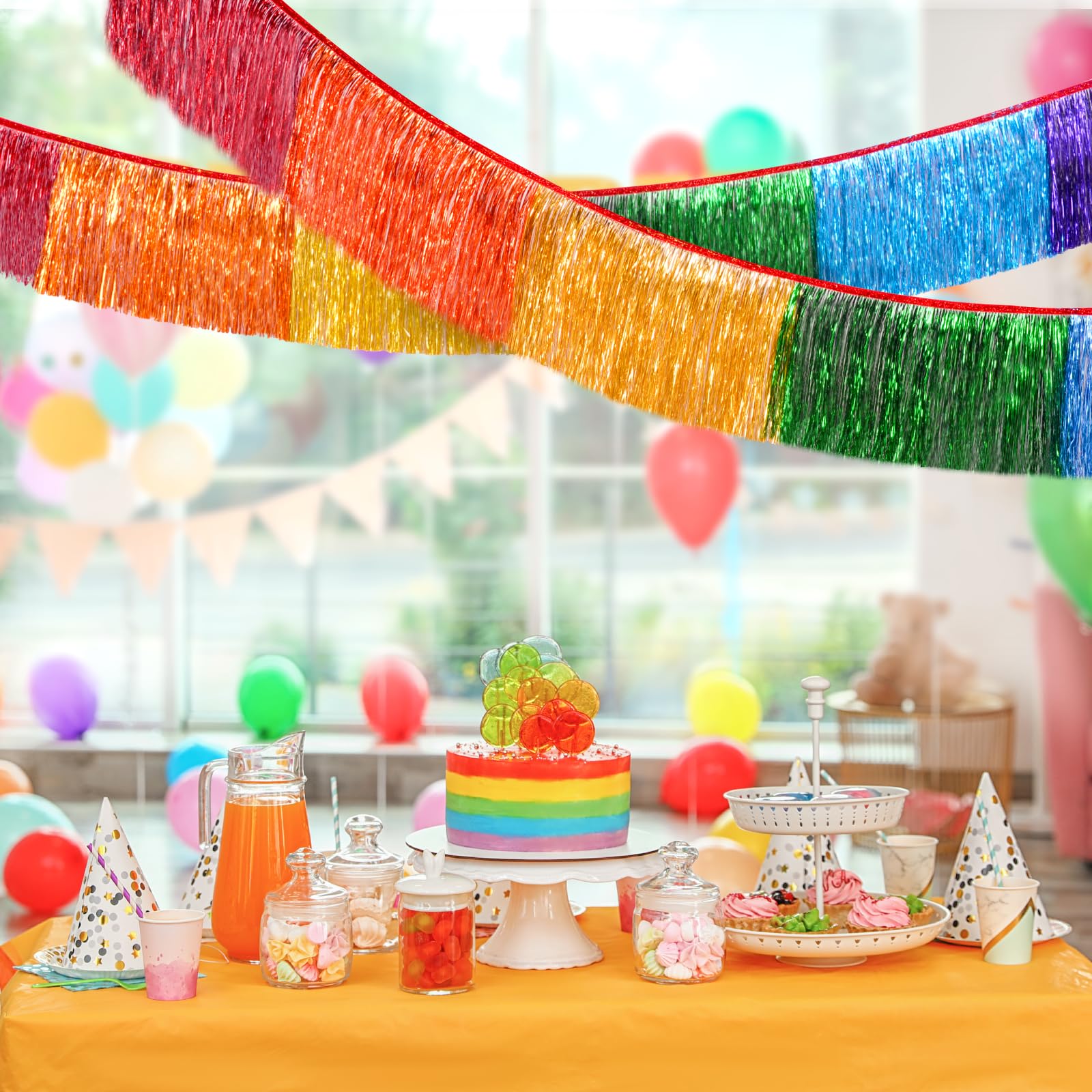 LOLStar Regenbogen-Lametta-Girlande, Metallic-Glitzer-Folien-Fransengirlande, hängende Regenbogen-Banner, Tischröcke für Geburtstag, Stolz, Parade, schwimmt