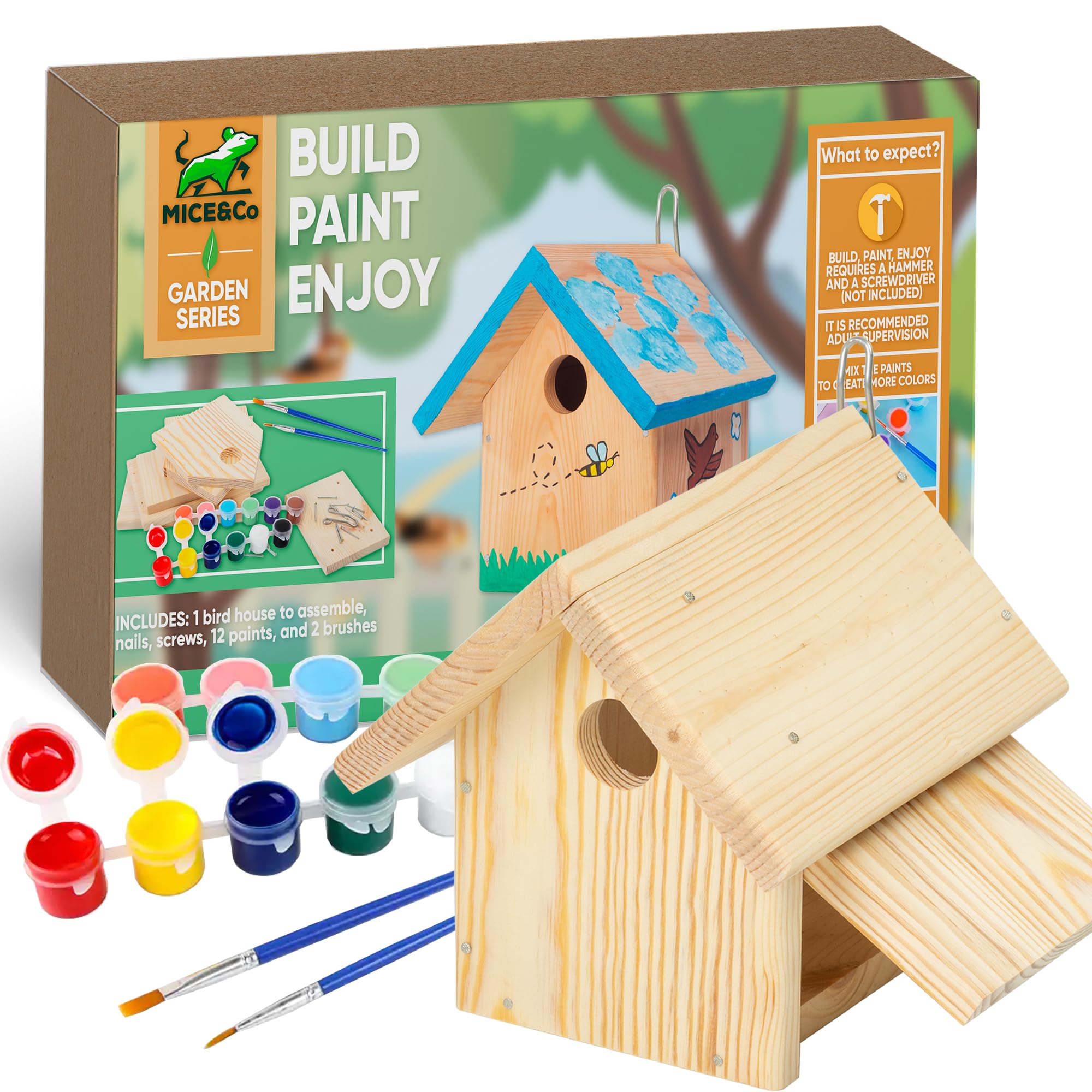 Mice&Co DIY Bird House - Wooden Bird House for Painting, Nesting Box Kit, Mounting Kit with Colours, Outdoor Bird House for Painting, Craft Set, Bird House for the Garden, Ecological Bird Protection