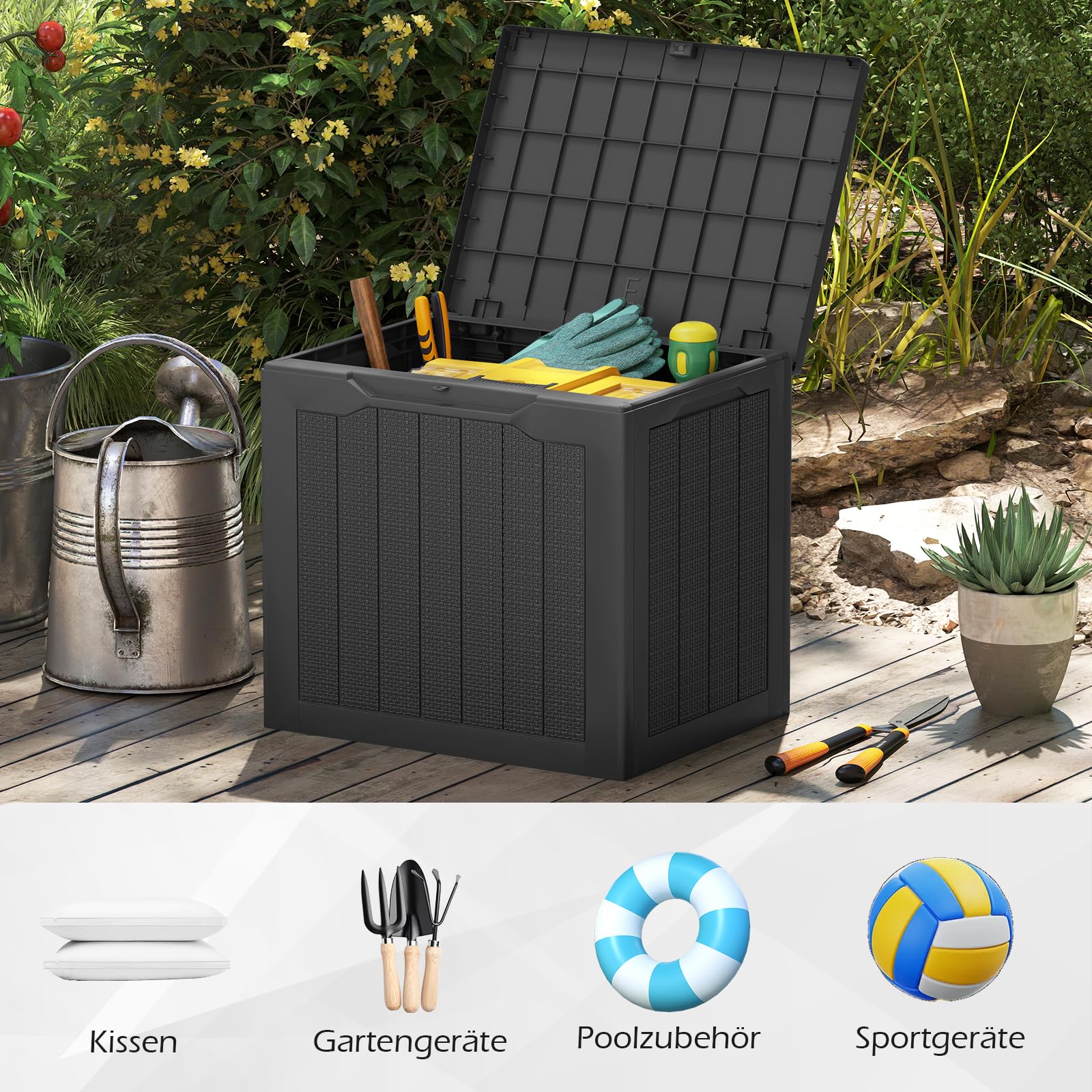 COSTWAY Gartenbox 106L, Auflagenbox mit abschließbarem Deckel & Rattanoptik, Wetterfeste Aufbewahrungsbox, Kissenbox für Poolzubehör, Gartengeräte, Pakete, Gartenmöbel, 56 x 41 x 50,5 cm (Schwarz)