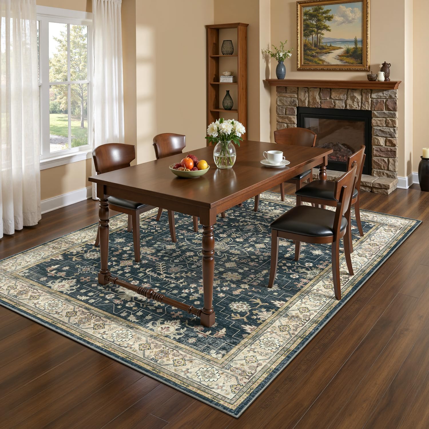 Lessymo 5x7 Area Rugs for Living Room, Washable Rug for Bedroom Dinning Room Farmhouse Home Office, Boho Soft Non-Slip Carpet Pets Friendly, Stain Resistance Vintage Floral Moody Decor, Black Brown - Image 2