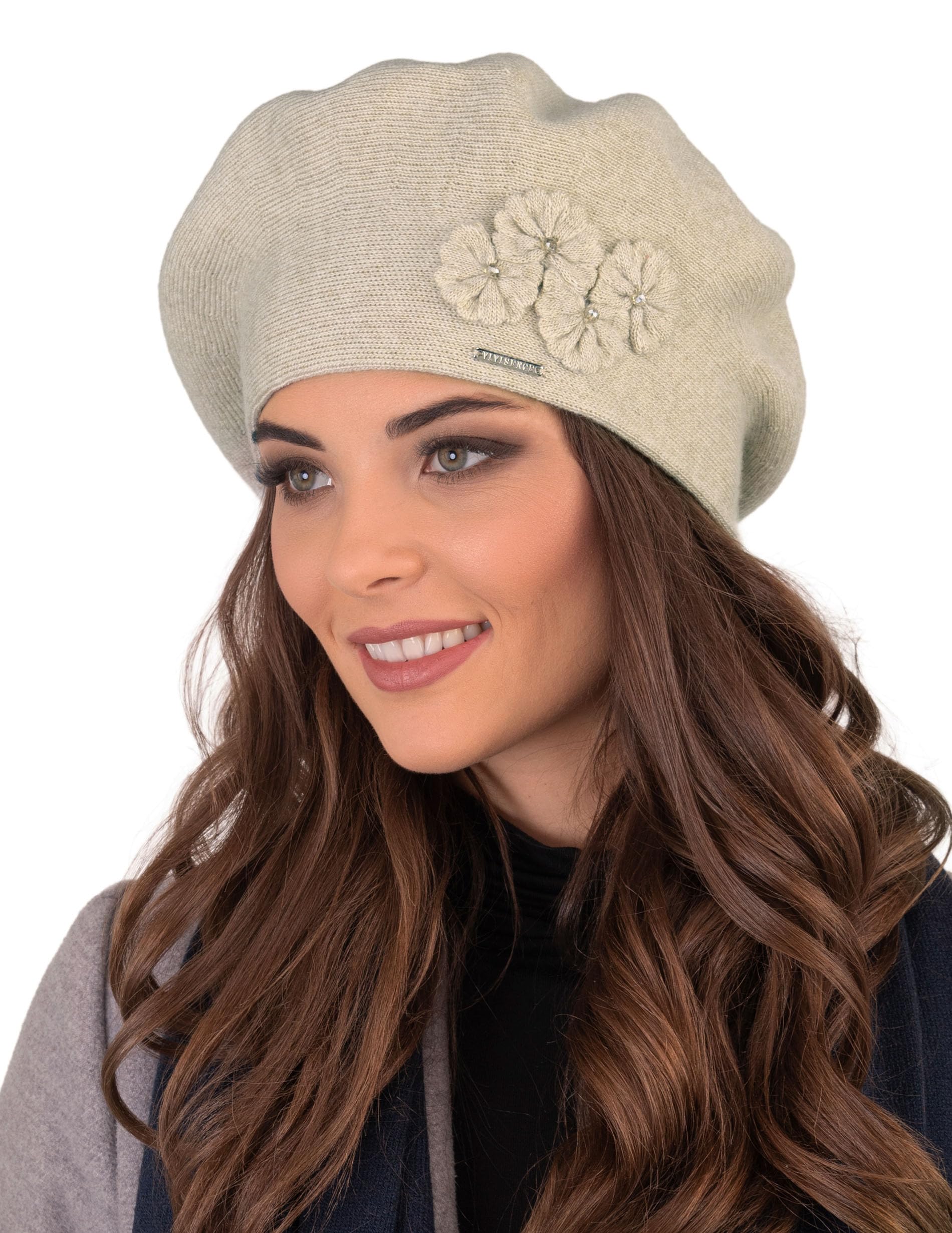 Vivisence Boina De Otoño Invierno para Mujer Elegante para Damas con Forro Cálido Y Detalles Florales Hecho De Lana Acrílica para Días Fríos En Ajuste Estilo Clásico 7006