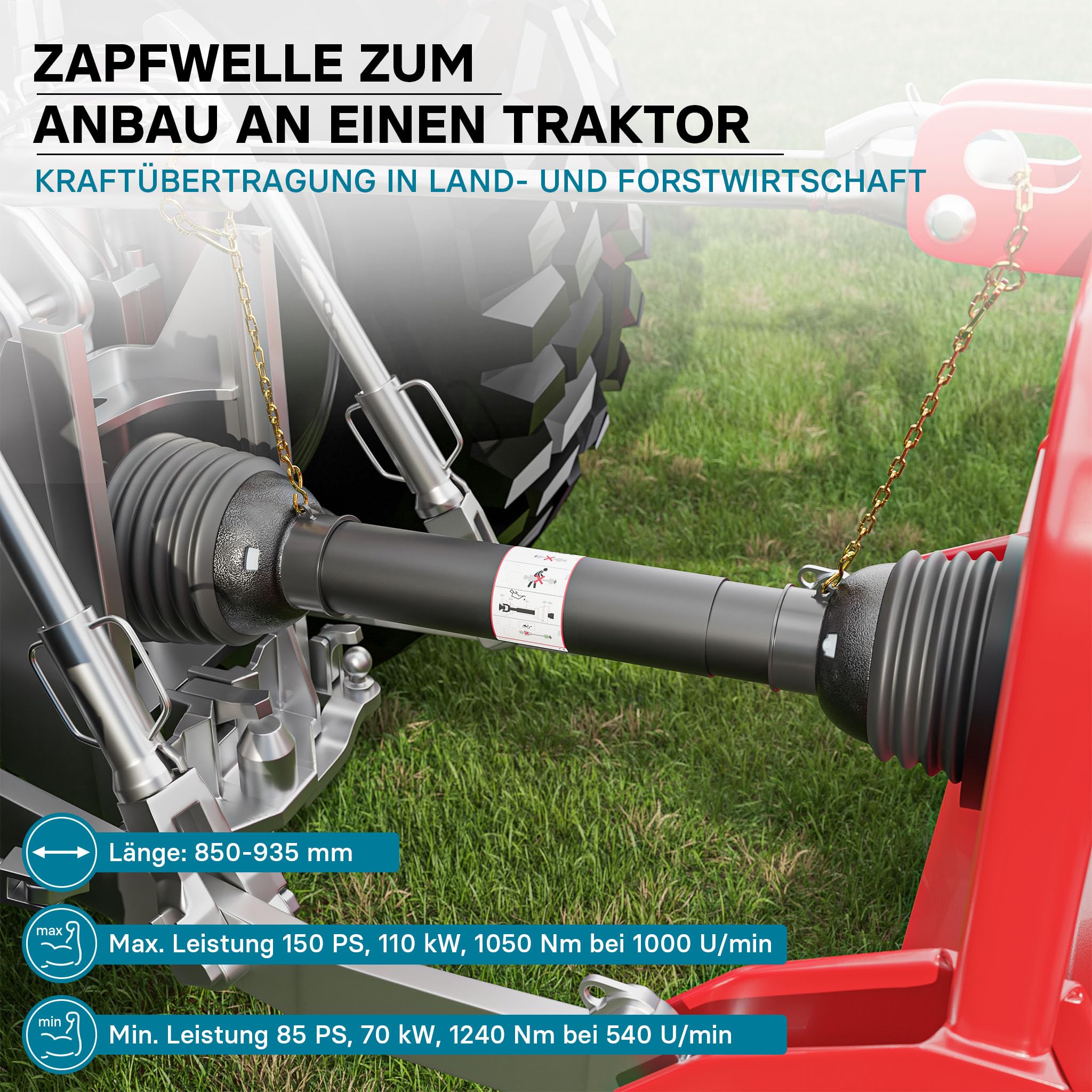 Wiltec Zapfwelle T8 Gelenkwelle 850-935mm 1240Nm 540U/min, PTO-Shaft, 110kW (150PS), 2X 1 3/8" 6 Zähne
