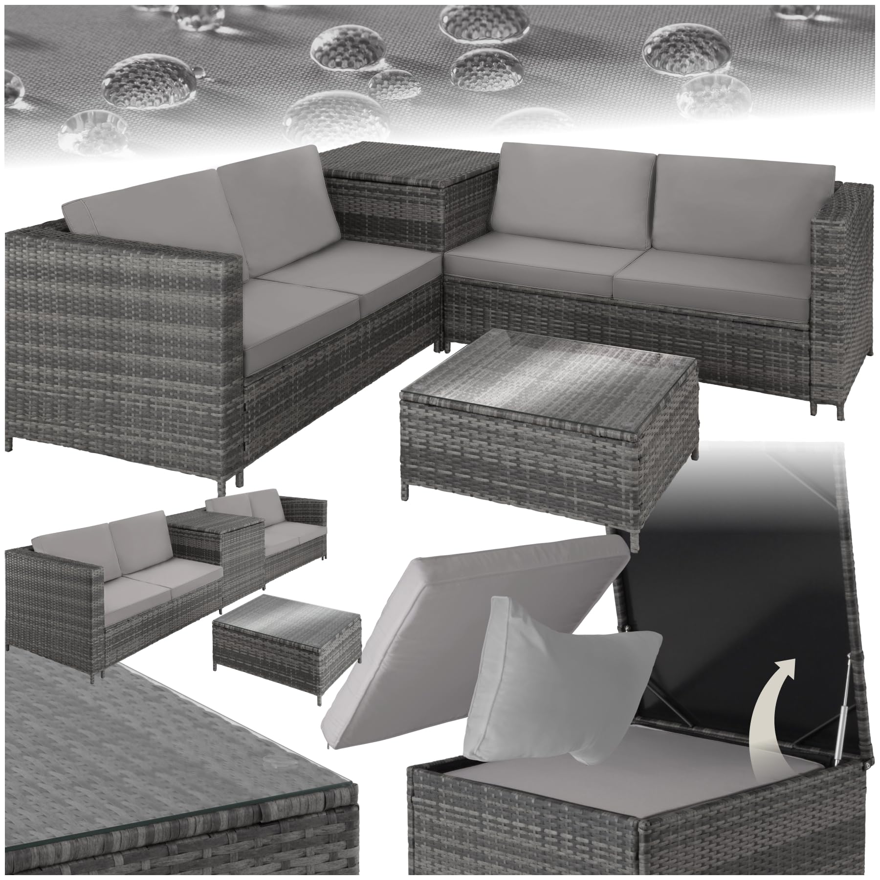 tectake® Salottino in Rattan, 2 Divani per Esterno con Cuscini, 1 Tavolo con Piano in Vetro, 1 Contenitore di Custodia, Salotto da Giardino Esterno, Salottino da Esterno - Grigio/Grigio Chiaro