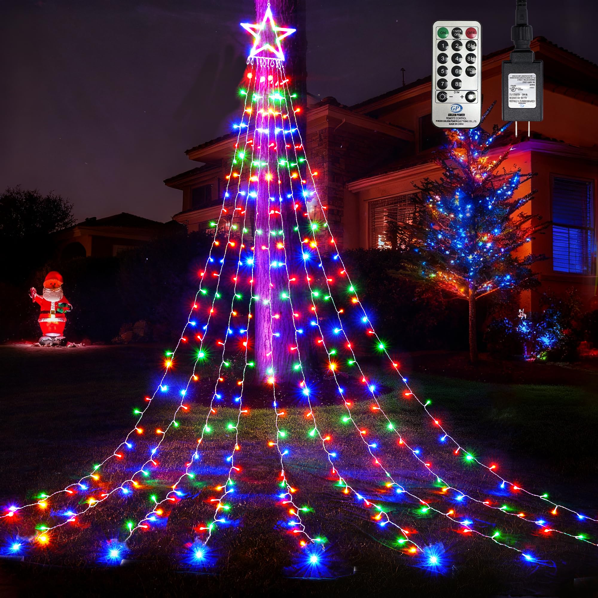 WBao 344 LED-Weihnachtslichter, Outdoor-Dekorationen mit 30,5 cm Sternspitze, 3,6 m Wasserfall-Weihnachtslichter, Fernbedienung, 8 Modi, 3 Timer, UL-gelistet, wasserdicht für Baum, Dach, Veranda