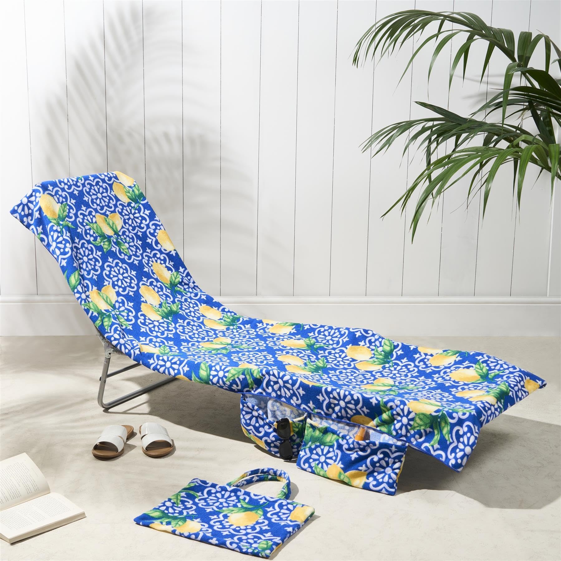 Brentfords Lemon Tiles Sun Lounger Towels With Pockets, Soft Quick-Dry Absorbent Large Beach Towel In A Bag Lightweight Lounger Towels For Travel Poolside Or Beach Days, 75 X 215Cm - Lemon Tile