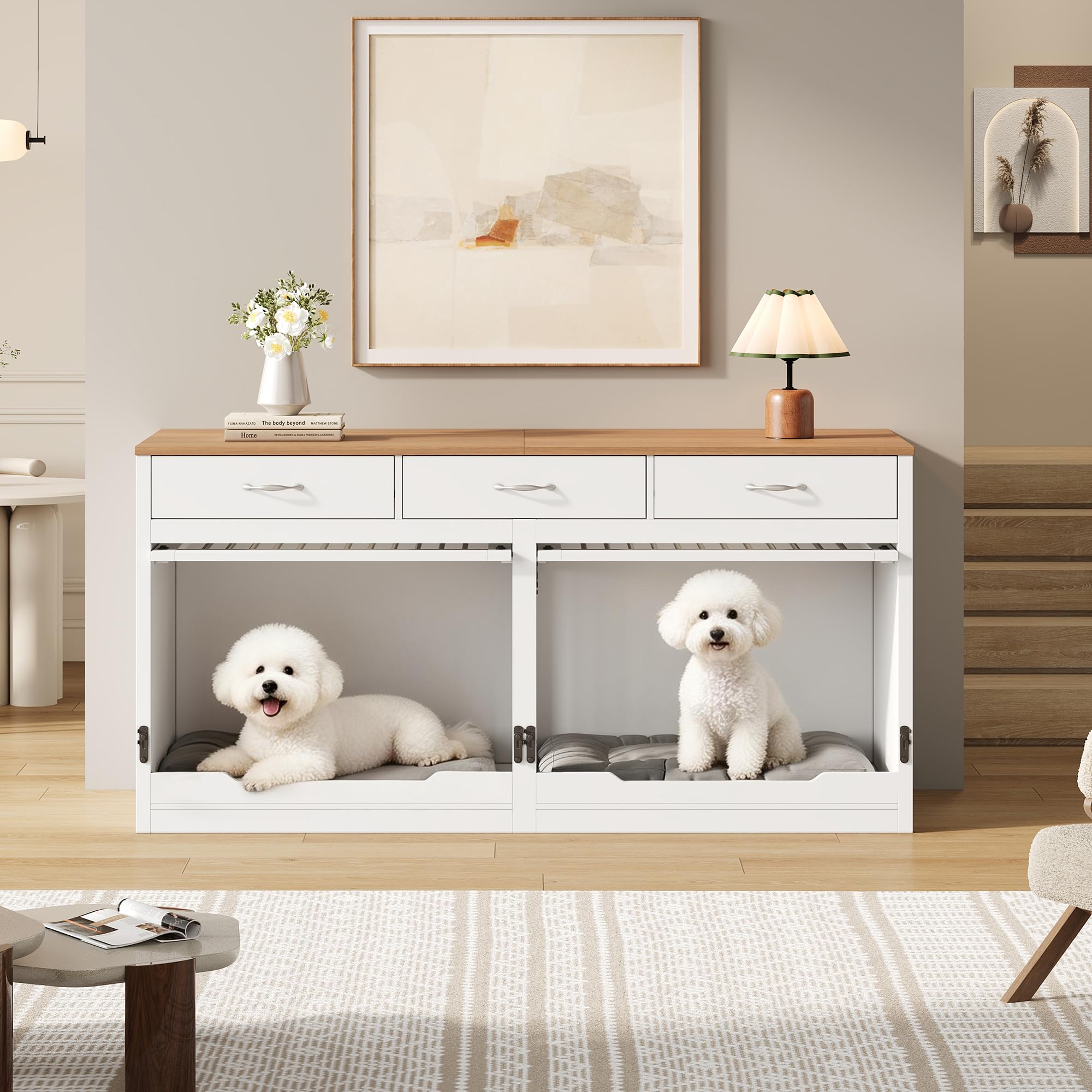 Gabbia per cani XXL, in legno e metallo, con 3 cassetti e 2 ante, cuccia interna per cani, per la casa, coperchio pieghevole, divisorio rimovibile (bianco + effetto legno)