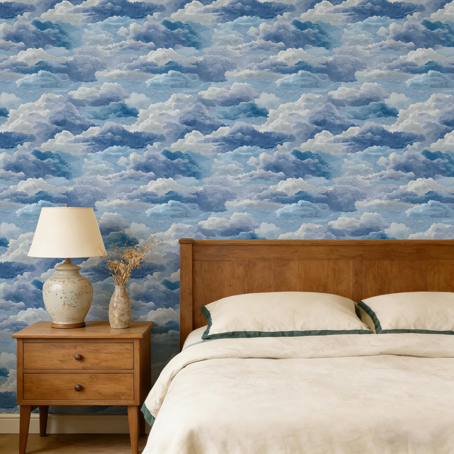 Watercolor Cloudscape Wallpaper Peel and Stick - Blue White Soft Sky Themed Removable Self-Adhesive Wall Mural for Bedroom Wall Decor, 17.7x118 Inch