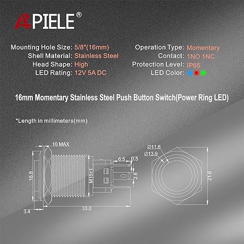 Miniatura 2 de APIELE Interruptor de palanca de bocina de altavoz momentáneo de 0.630 in y 12 V, orificio de montaje de 0.63 pulgadas, orificio de montaje 1NO 1NC