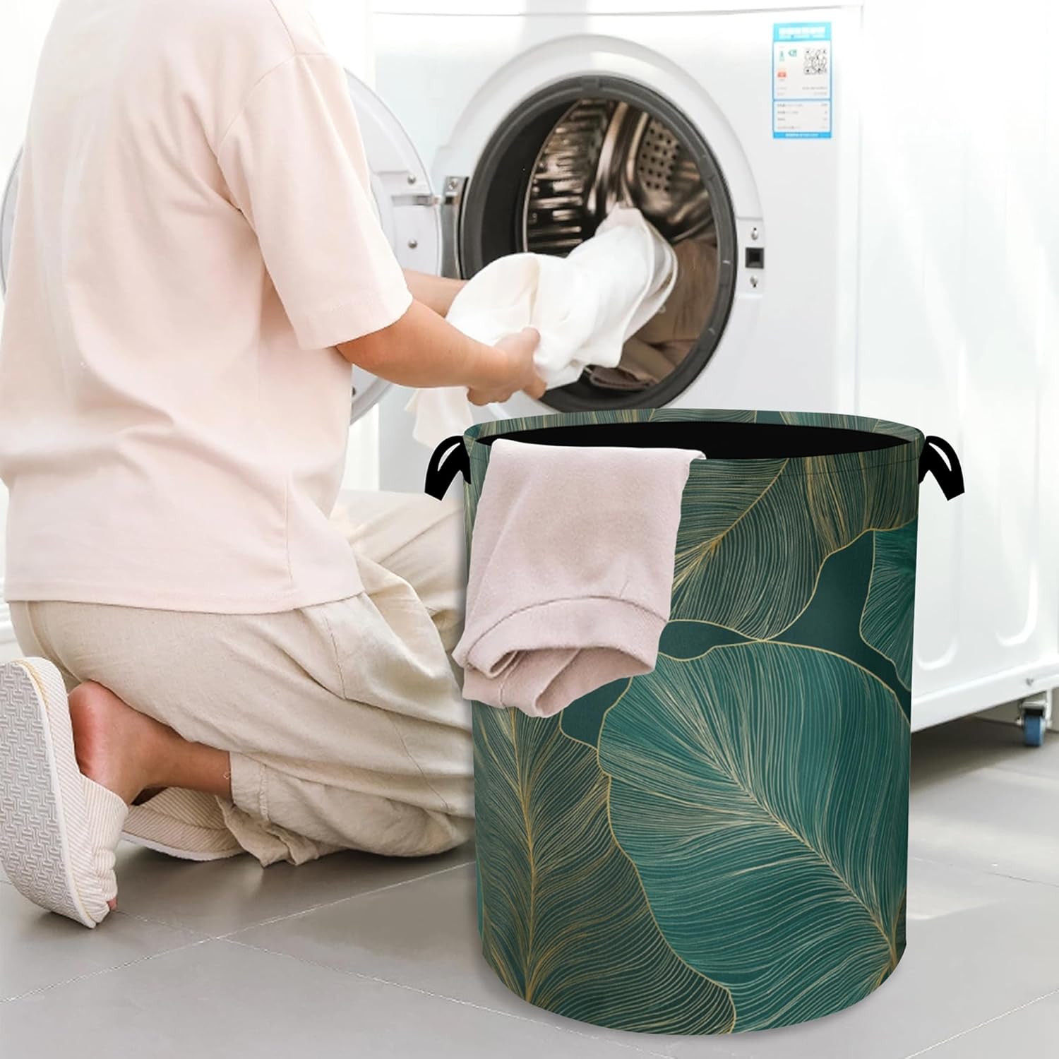 Palm Leaf Golden Laundry Hamper,Tropical Dirty Clothes Laundry Basket with Handles Waterproof Oxford Cloth Storage Basket for College Dorms Bathroom Bedroom 16" x 20.8"