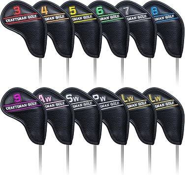 Craftsman Golf 12pcs or 1pc Black Synthetic Leather Golf Iron Head Covers Set Headcover with Colorful Number Embroideried For Callaway, Ping, Taylormade, Cobra For Right and Left Handed Golfer