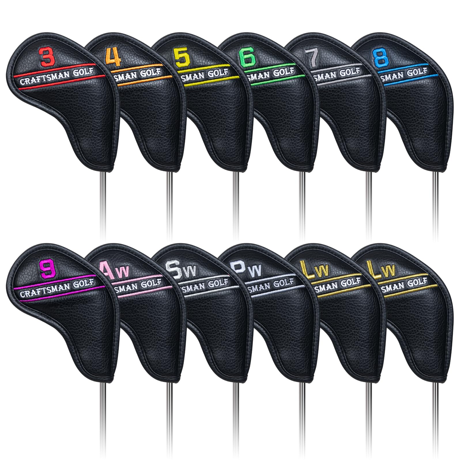 CRAFTSMAN GOLF 12pcs or 1pc Black Leather Golf Iron Head Covers Set Headcover Colorful Number Embroideried for Callaway Ping Taylormade Cobra Also Custom Version w/Your Name
