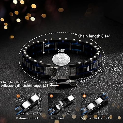 Miniatura 5 de Holizaly Pulsera de eslabones cuadrados de dos tonos de acero inoxidable para hombre, negro y azul plateado negro