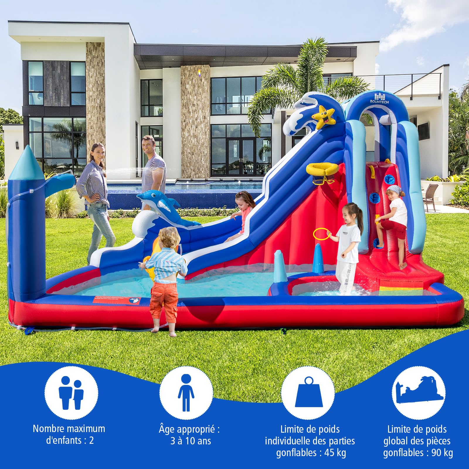 GOPLUS Castillo Inflable Delfines – Parque Acuático Con Tobogán, Muro De Escalada, Cañón De Agua Y Cesta De Baloncesto