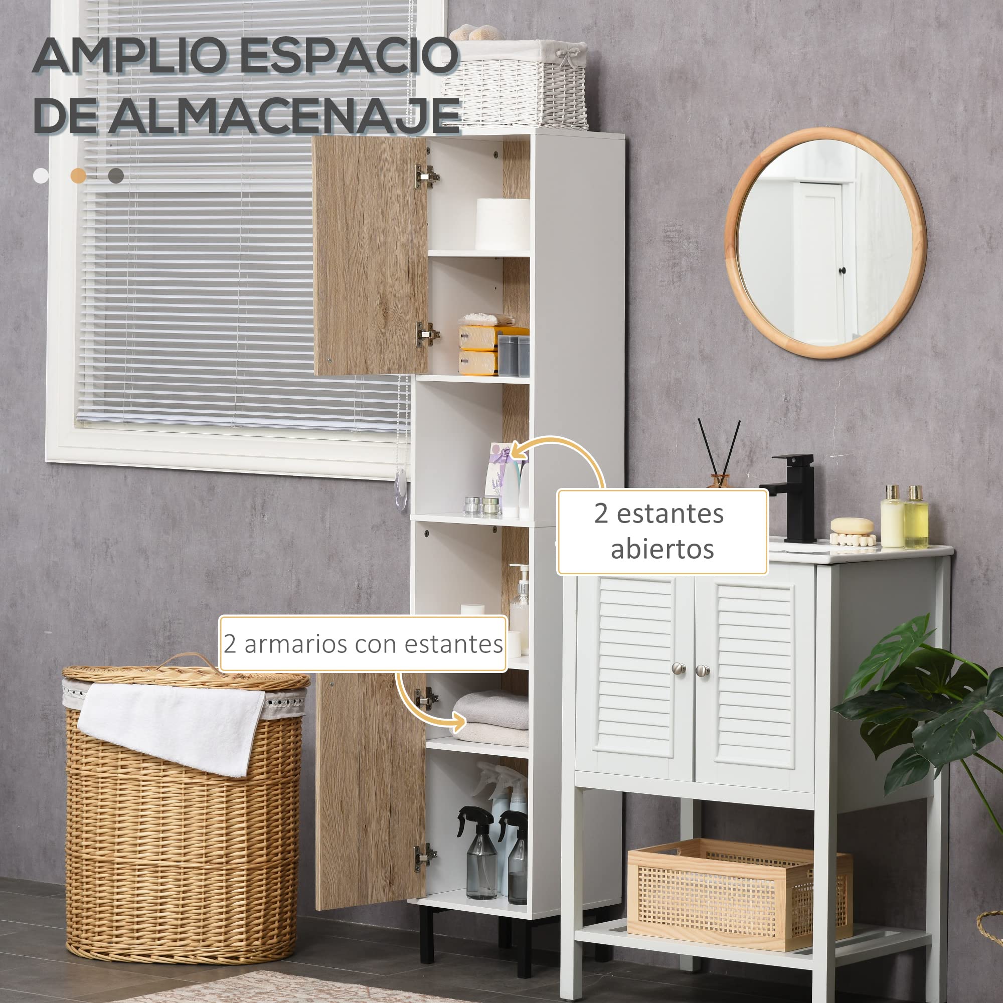 kleankin Armario Alto de Baño con 2 Puertas 31,5x30x169 cm Blanco y Roble | Columna Auxiliar de Baño, 6 Estantes, para Ducha Aseo Dormitorio, Estilo Moderno