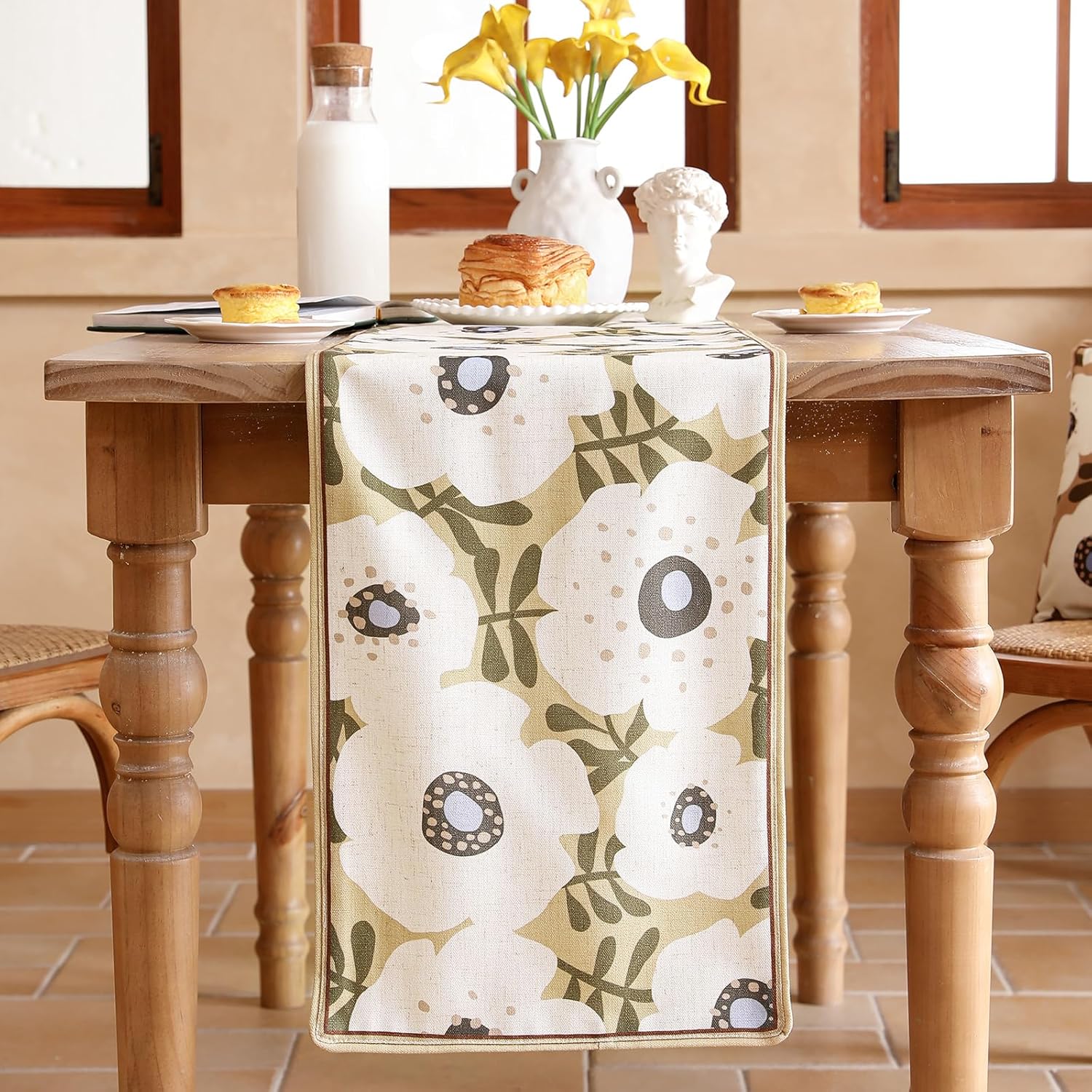 Rectangular White Flower Table Runner 63 Inches Long,Vintage Rustic Farmhouse Linen Floral Table Runners,Table Decoration for Coffee & Dining Table Home Party Kitchen.12 x63-Hidaka