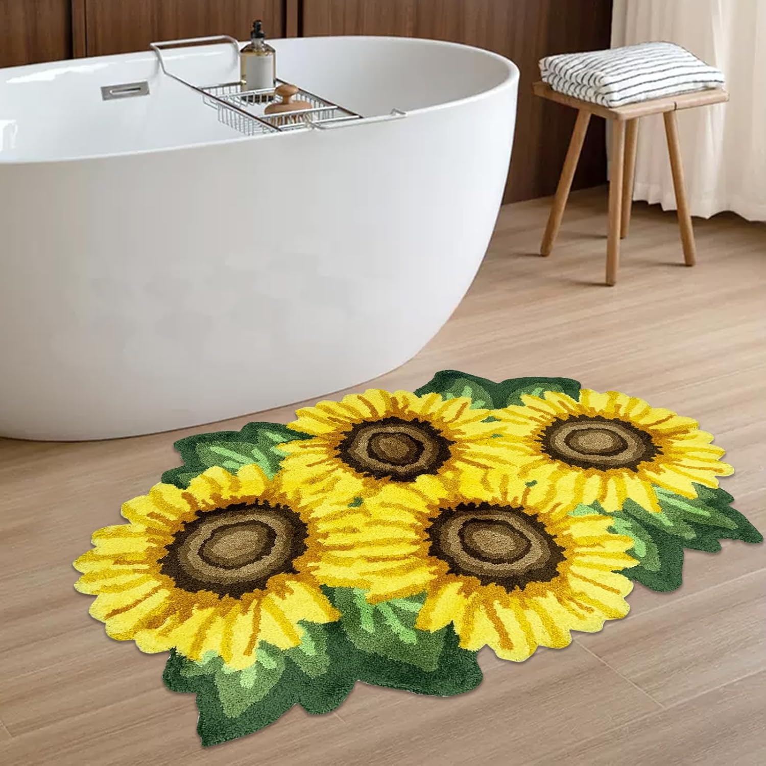 Sunflower Area Mat, High Pile Country Floral Carpet Thick Handmade Fluffy Rug Washable Floor Mat for Bedroom Bathroom Living Room Decor, 27.4''x43.3''