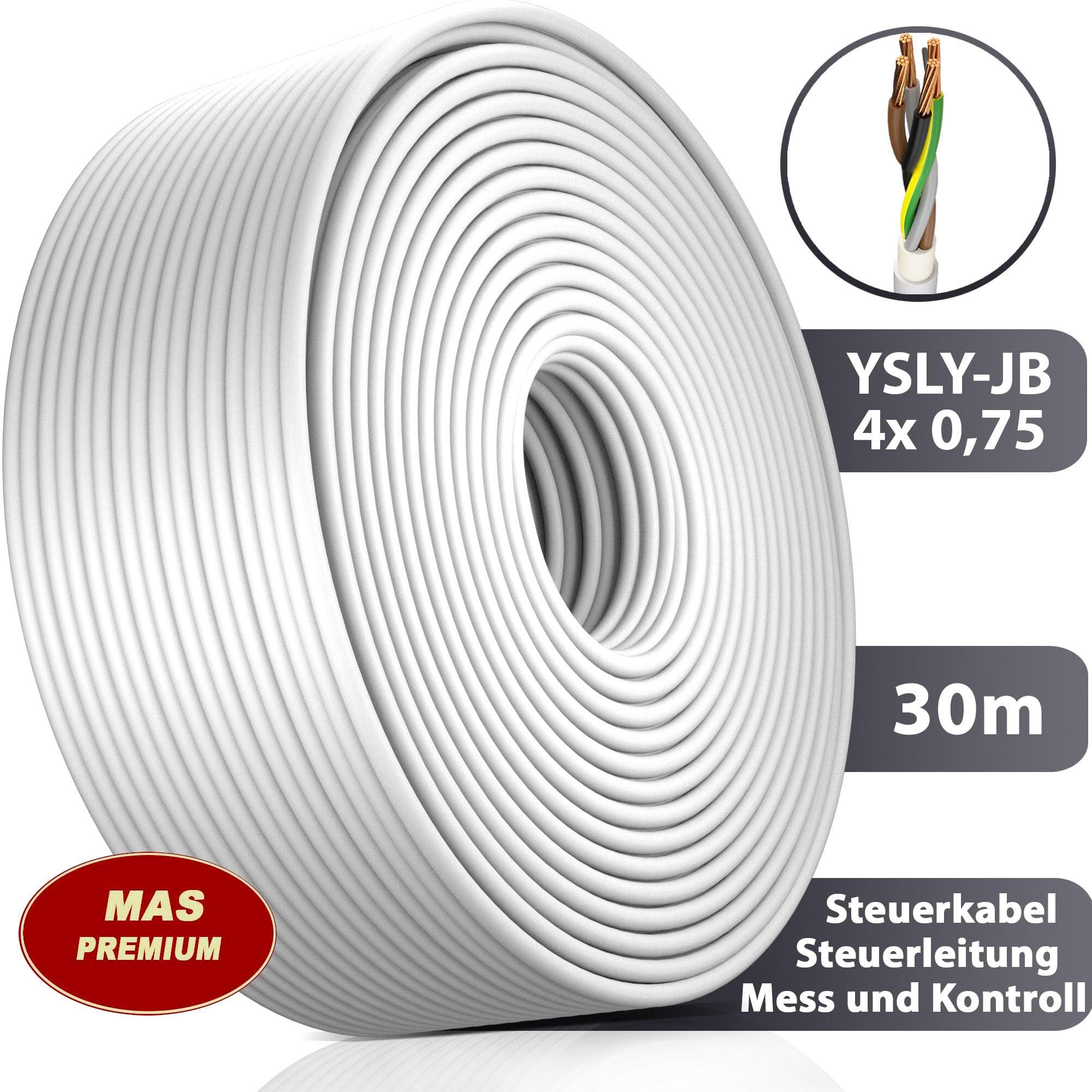 MAS Premium Von 5 bis 250 m YSLY-JB 4x0,75 mm² Flexibles Steuerkabel grau Verlege Kabel Mess-, Kontroll- und Regelungsleitung für Werkzeugmaschinen Steuerleitung (30m)