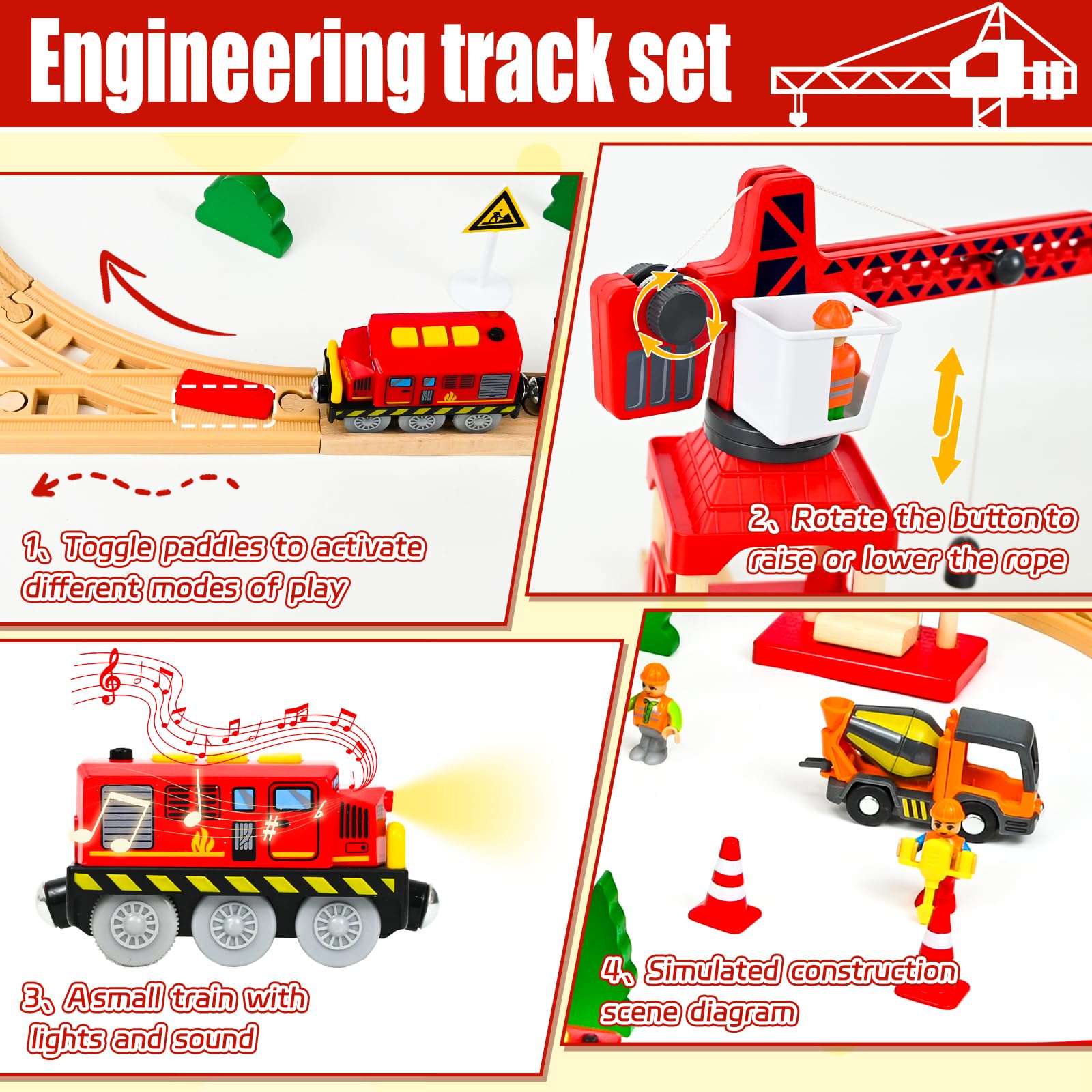 FORMIZON Set di 87 Pezzi Binari Trenino Legno, con Locomotiva Trenino Elettrico e Gru a Torre Telecomandata, Giocattoli Treno Elettrico, Ingegneria Ferroviaria, Regali di Compleanno e Natale Bambini