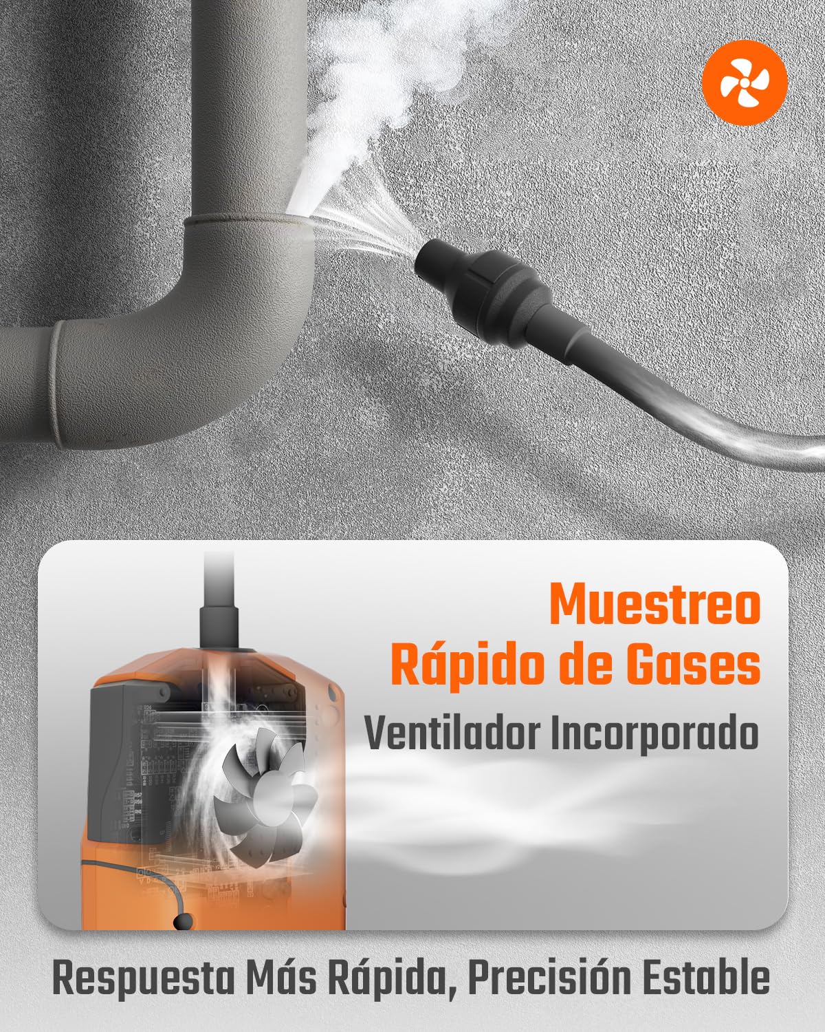 TopTes Detector De Gas Recargable PT-990 con Sonda Flexible de 28 cm, Rango de Detección 0–10,000 ppm, Registro de Datos y 3 Tipos de Alarma, Detector de Fugas de Gas para Propano, Metano - Naranja