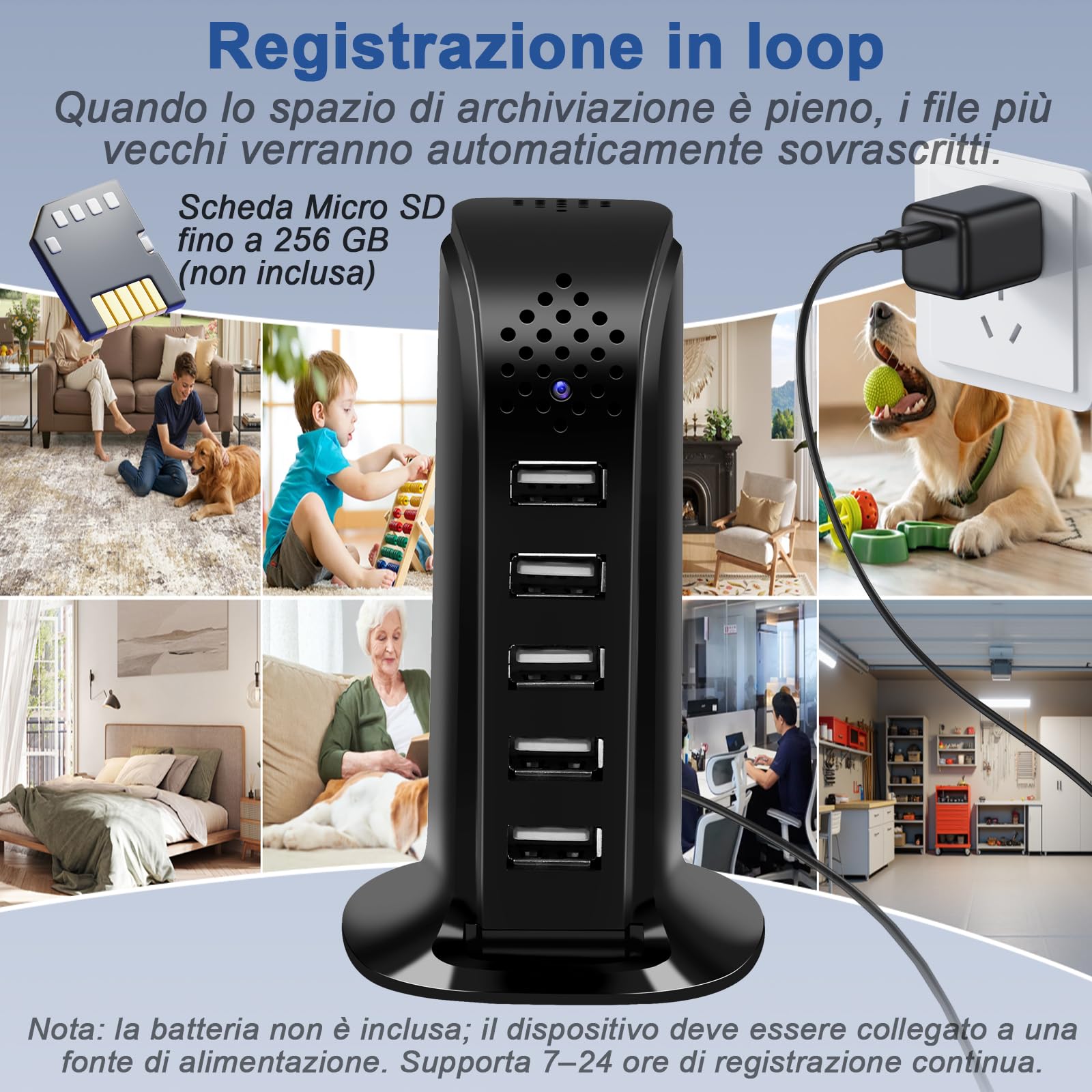 Mini Telecamera Spia HD 1080p,Telecamera Nascosta WiFi Spy Cam Senza Fili 2.4 / 5G,5 Porta USB Caricatore con Microcamera Nascosta con Rilevamento del Movimento/Registrazione in Loop