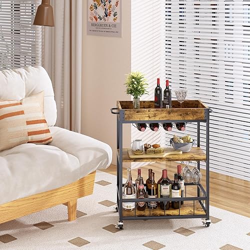 Miniatura 2 de aboxoo Carrito de bar de vino de 3 niveles grande para el hogar, estante de vino rodante con ruedas, carrito de servicio de cocina móvil, estilo