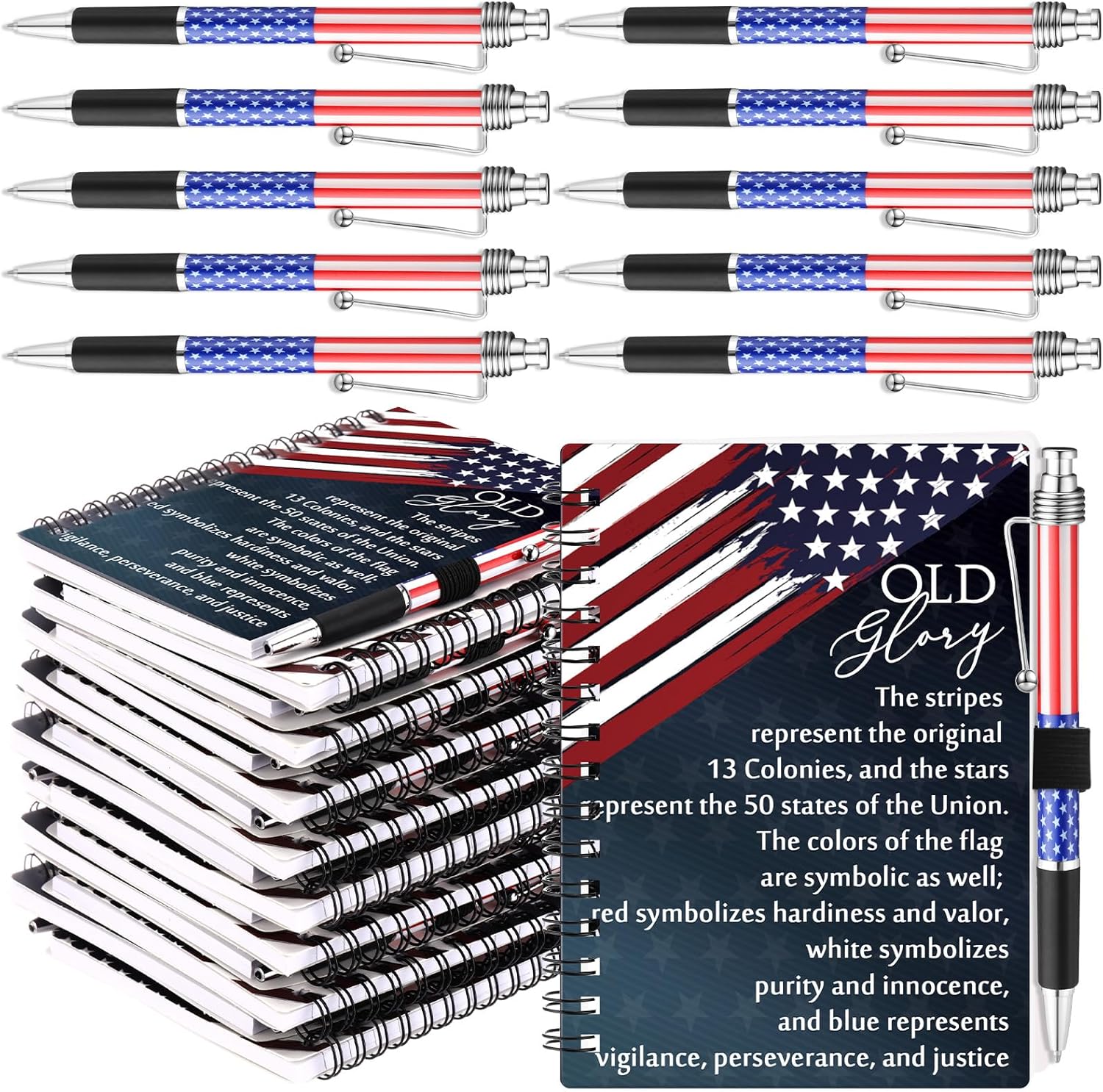 Resurhang 20 Pcs 10 Sets Memorial Day Gifts Bulk American Flag Patriotic Notebooks Red White Blue Spiral Notebooks Military Ballpoint Pens 250th Anniversary Patriots Gifts for Veterans USA Souvenirs