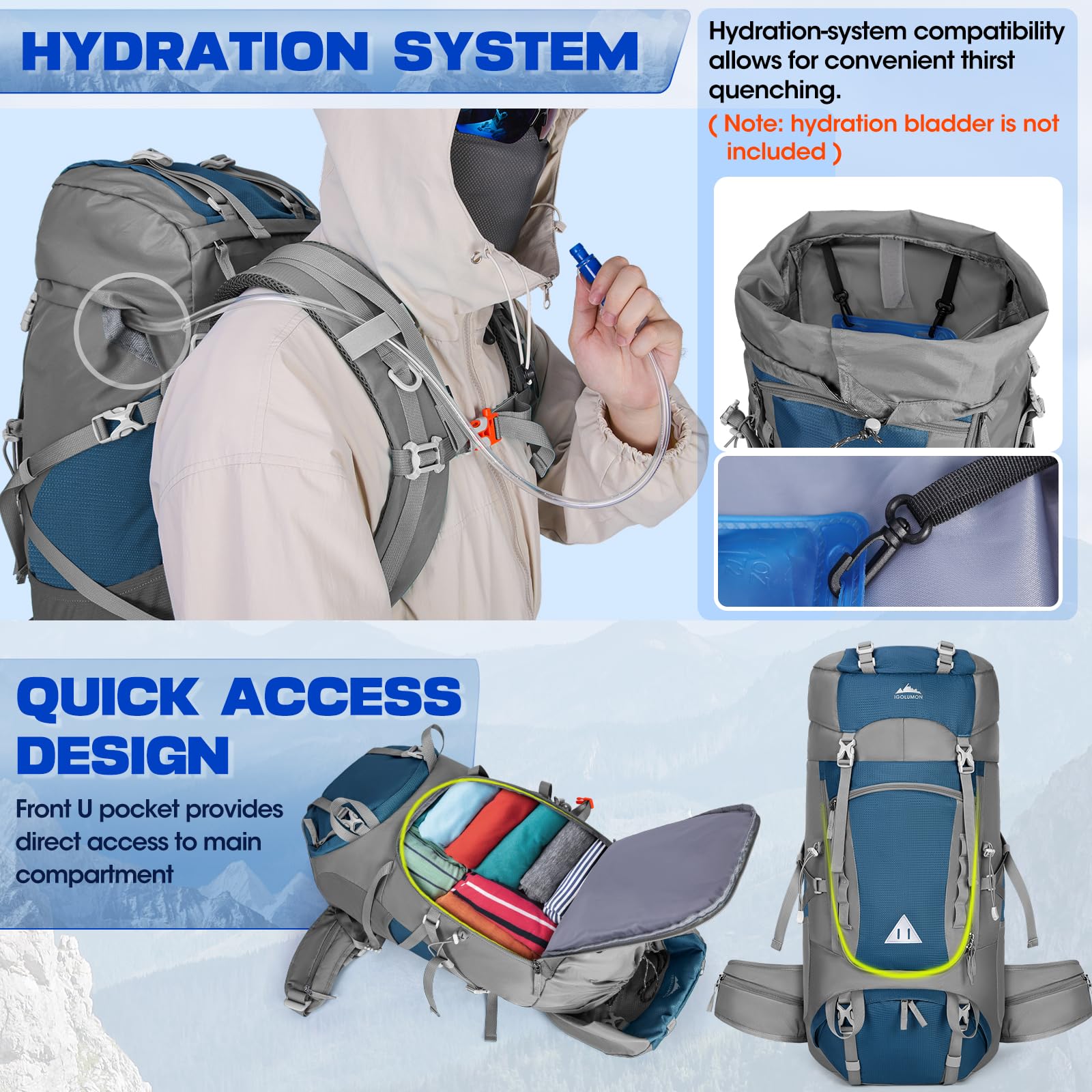 IGOLUMON Plecak trekkingowy, 60 l, plecak trekkingowy, dla mężczyzn i kobiet, plecak podróżny, duży plecak z pokrowcem przeciwdeszczowym, na kemping, trekking, do wspinaczki, podróży na świeżym