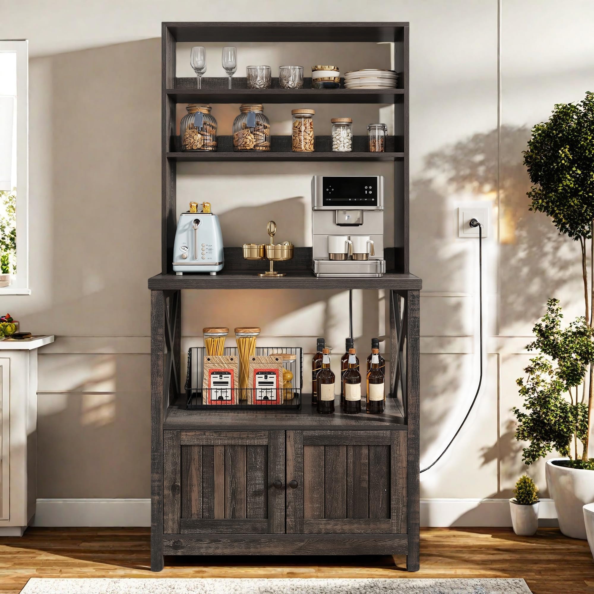 YITAHOME Bakers Rack with Power Outlet and Storage Cabinet Door, 5-Tiers Kitchen Tall Microwave Stand, Farmhouse Small Pantry Hutch, Thickened Counter Coffee Bar Station with Shelves, Black Oak