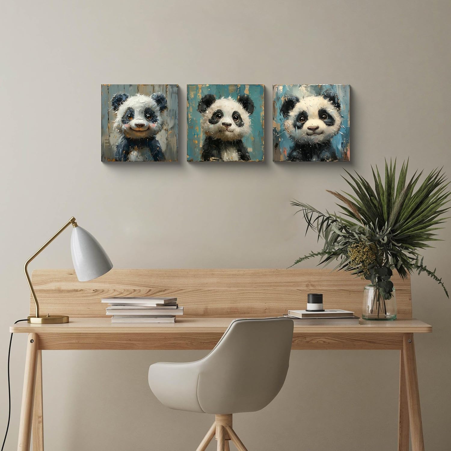 NAN Wind Modern 3-Piece Cute Panda Canvas Wall Art Fake Wood Panel Art Baby Panda Pictures Framed Ready to Hang Canvas Artwork Animals Themed for Kids' Bedroom Nursury Poster Living Room Bedroom
