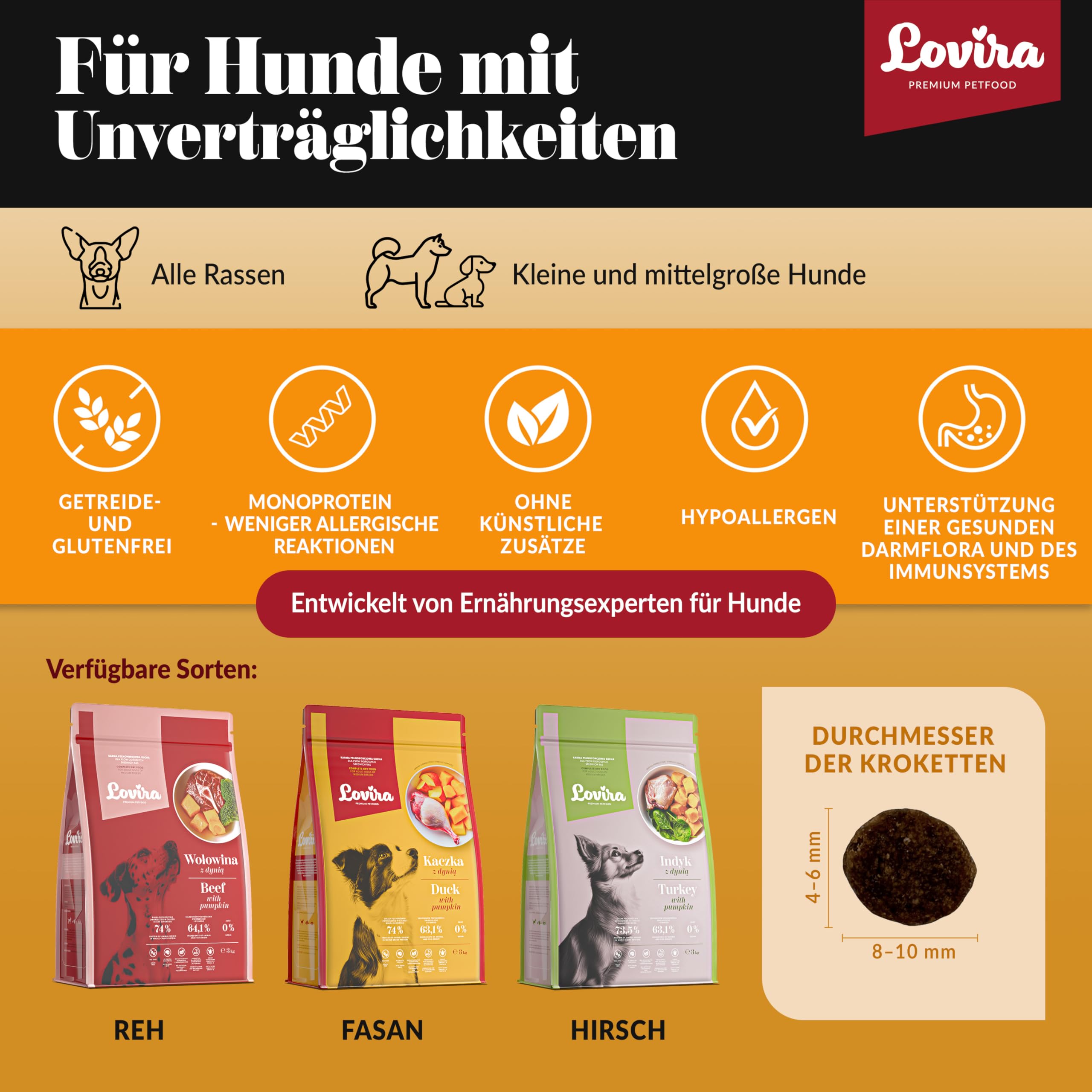 Lovira - Hundefutter Trocken - Trockenfutter für Hunde - Getreidefrei, mit hohem Fleischanteil 50% Ente - mit Kürbis, Kräuter & Gemüse - Hundetrockenfutter Sensitiv - Erwachsene Hunde - 3 x 3kg