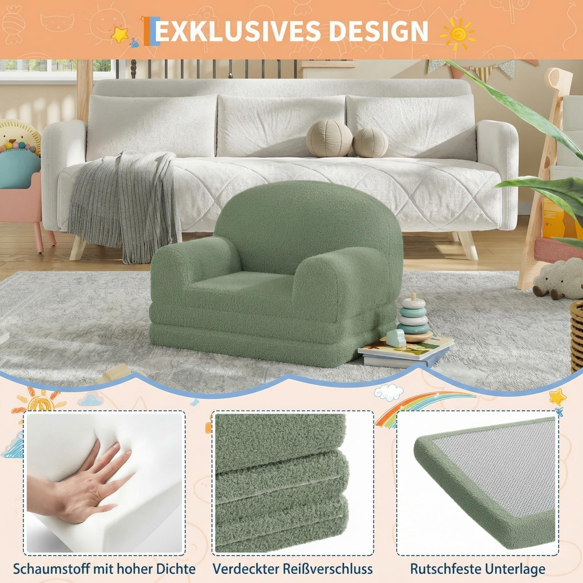 Garvee 2-in-1 Kindersofa & Loungesessel, Faltbar Kinder Sofa, Weiches Teddyfleece Kindersessel mit Abnehmbarem Bezug, Klappbarer Kindercouch als Liege, Kinder - Grün