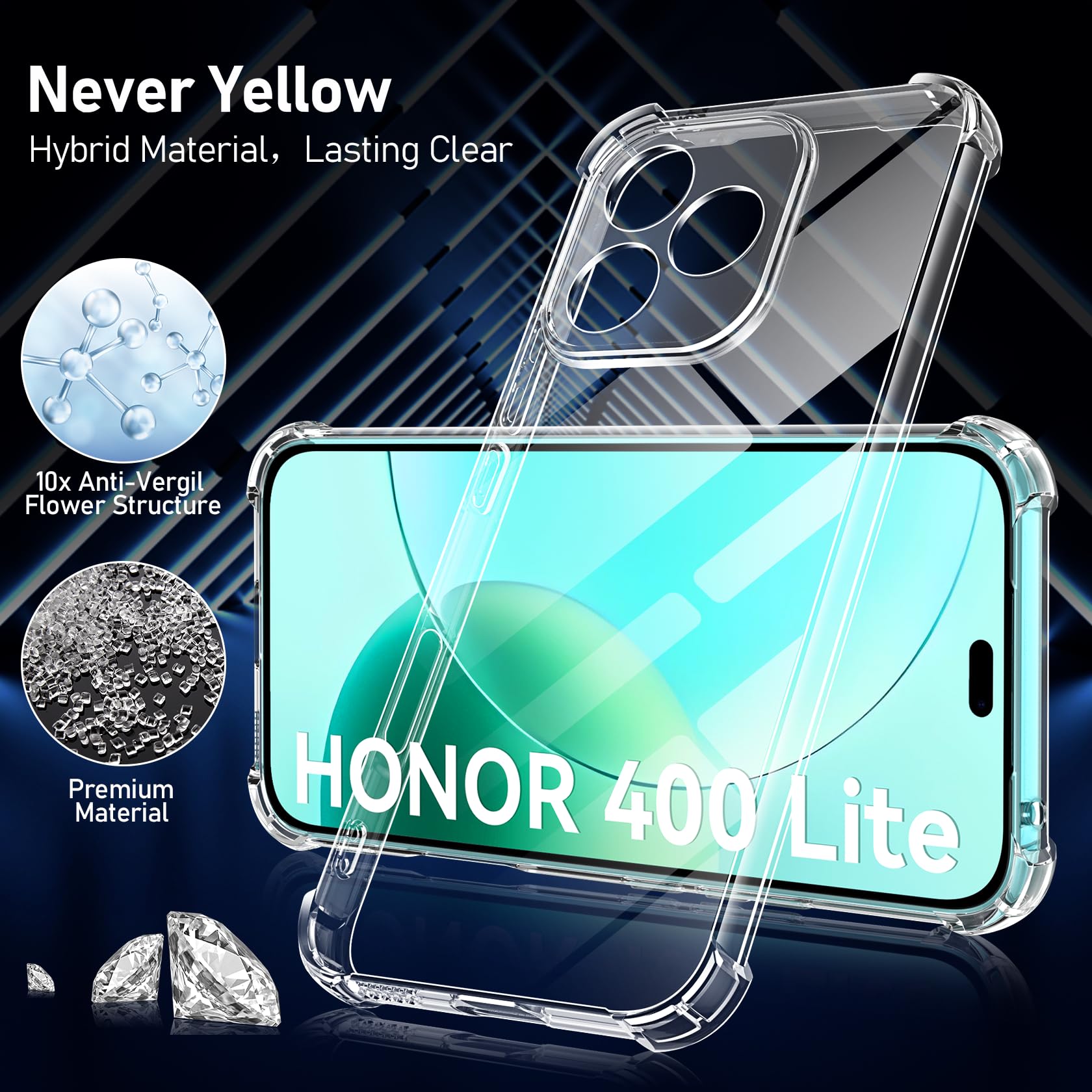 FLLAO Cover Compatibile con Honor 400 Lite 5G con 2 Vetro Temperato [Protezione Fotocamera] Anti Ingiallimento Antiurto Cover Silicona TPU Morbido Custodia per Honor 400 Lite 5G - Trasparente