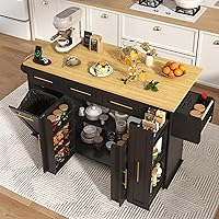 StMandyu 69" Black Kitchen Island on Wheels with Power Outlet, Drop Leaf, Trash Cabinet, Spice Rack & Storage Trays