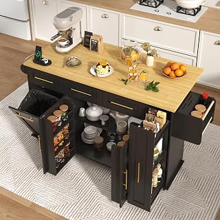 StMandyu 69" Black Kitchen Island on Wheels with Power Outlet, Drop Leaf, Trash Cabinet, Spice Rack & Storage Trays