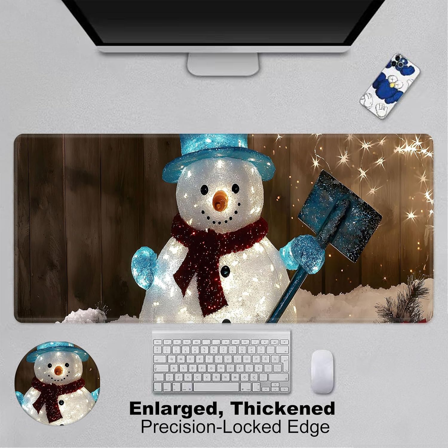 XXL Gaming Mouse Pad, Extra Large Waterproof Desk Mat for Office Gaming, Non-Slip Rubber Base Durable Stitched Edge, Easy to Clean, Glowing Christmas Snowman