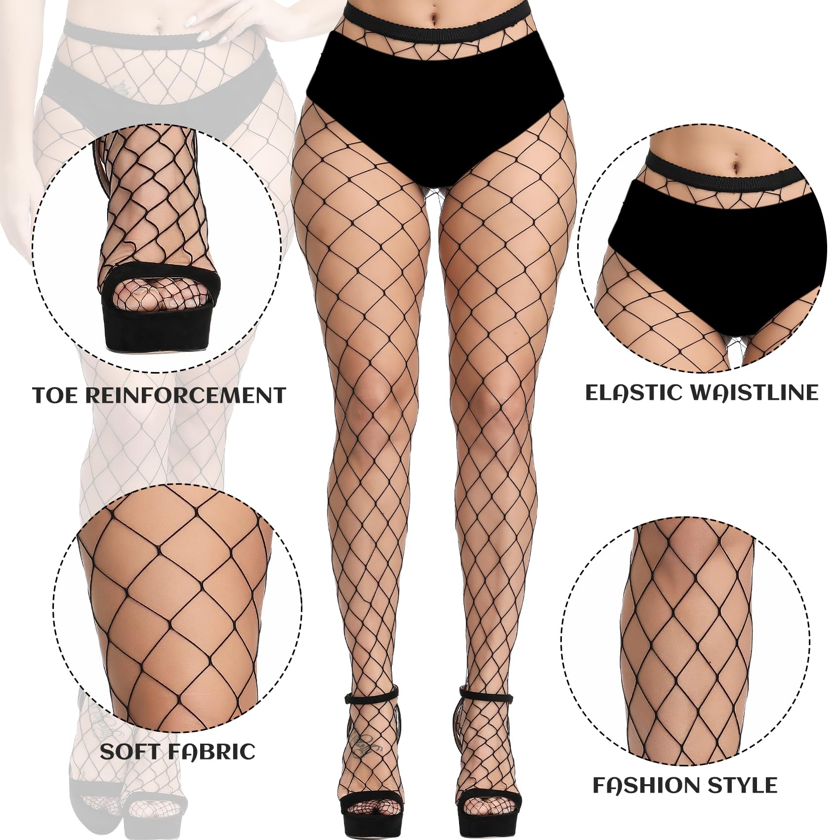 iCamter Plus Size Fishnet Stockings, Black Fishnet Tights Thigh High Stockings Suspender Pantyhose: One Size Black Style 1 (4 Pack)