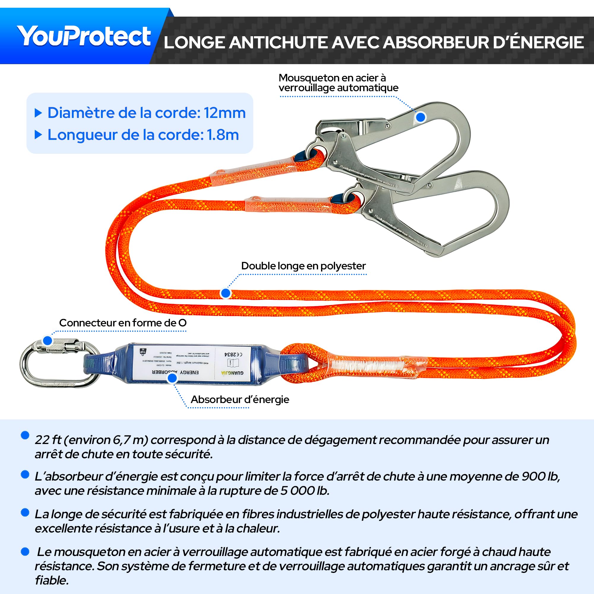 Harnais de sécurité avec longes de 1,8 m-améliorée avec 4 boucles rapide | épaules, jambes et dos ventilés et rembourrés, Certification CE pour l'arrêt de chute et l'escalade