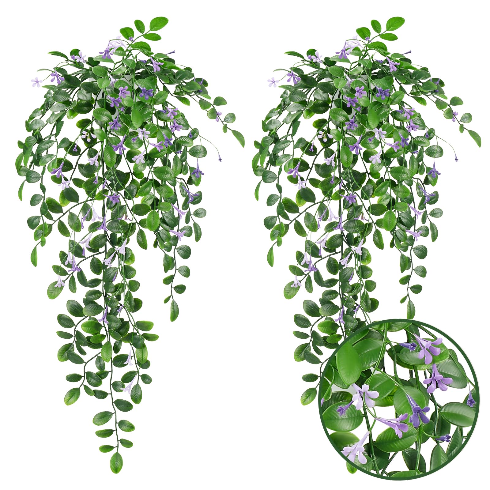 Plantas Colgantes Artificiales, 2 Hojas de Hiedra Artificial con Flores moradas para Boda, Pared, casa, habitación, Patio, Interior, Exterior, hogar, Oficina, decoración Morada