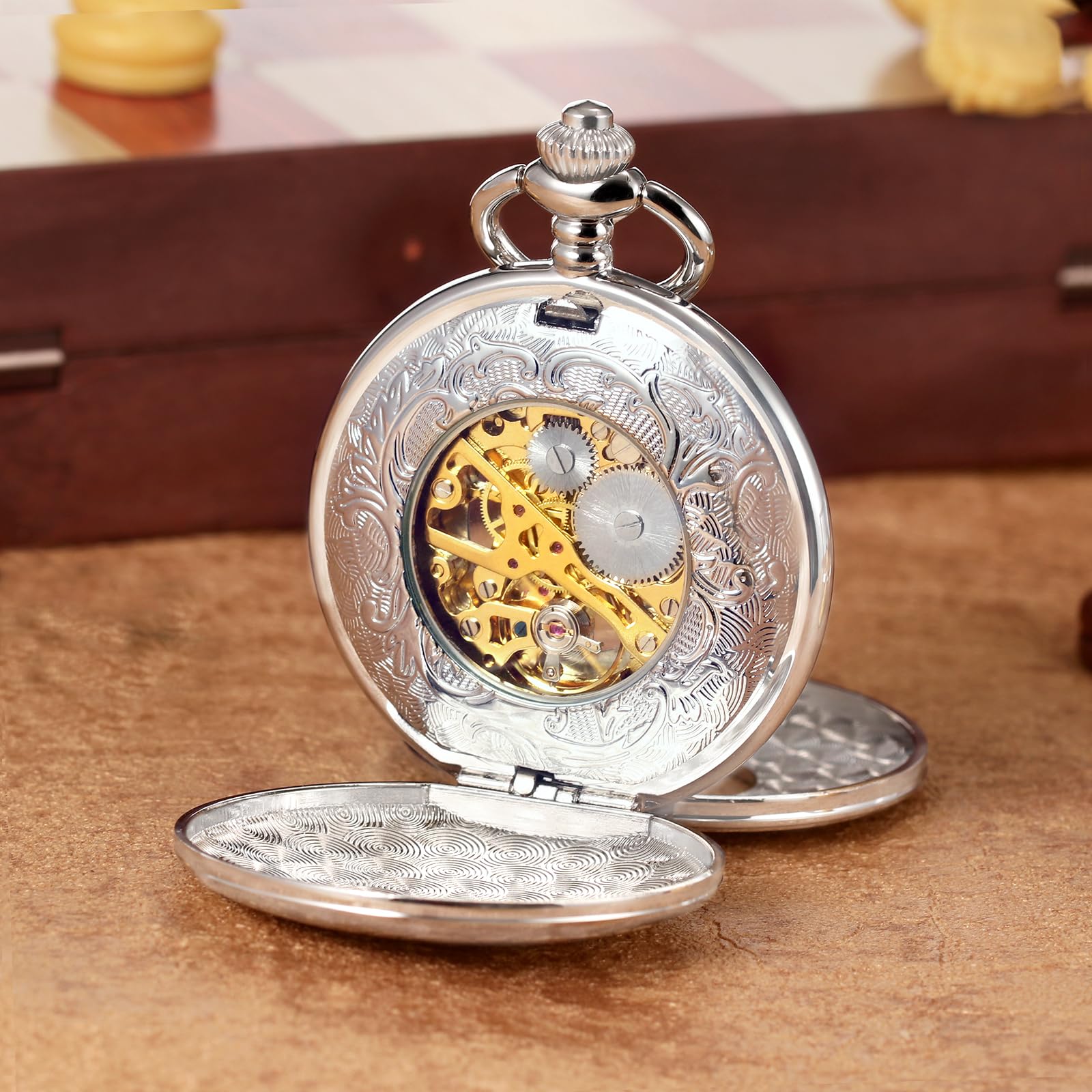 TREEWETO Antique Mens Pocket Watch Skeleton Mechanical Half Hunter Golden/Bronze/Silver Double Case Roman Numerals